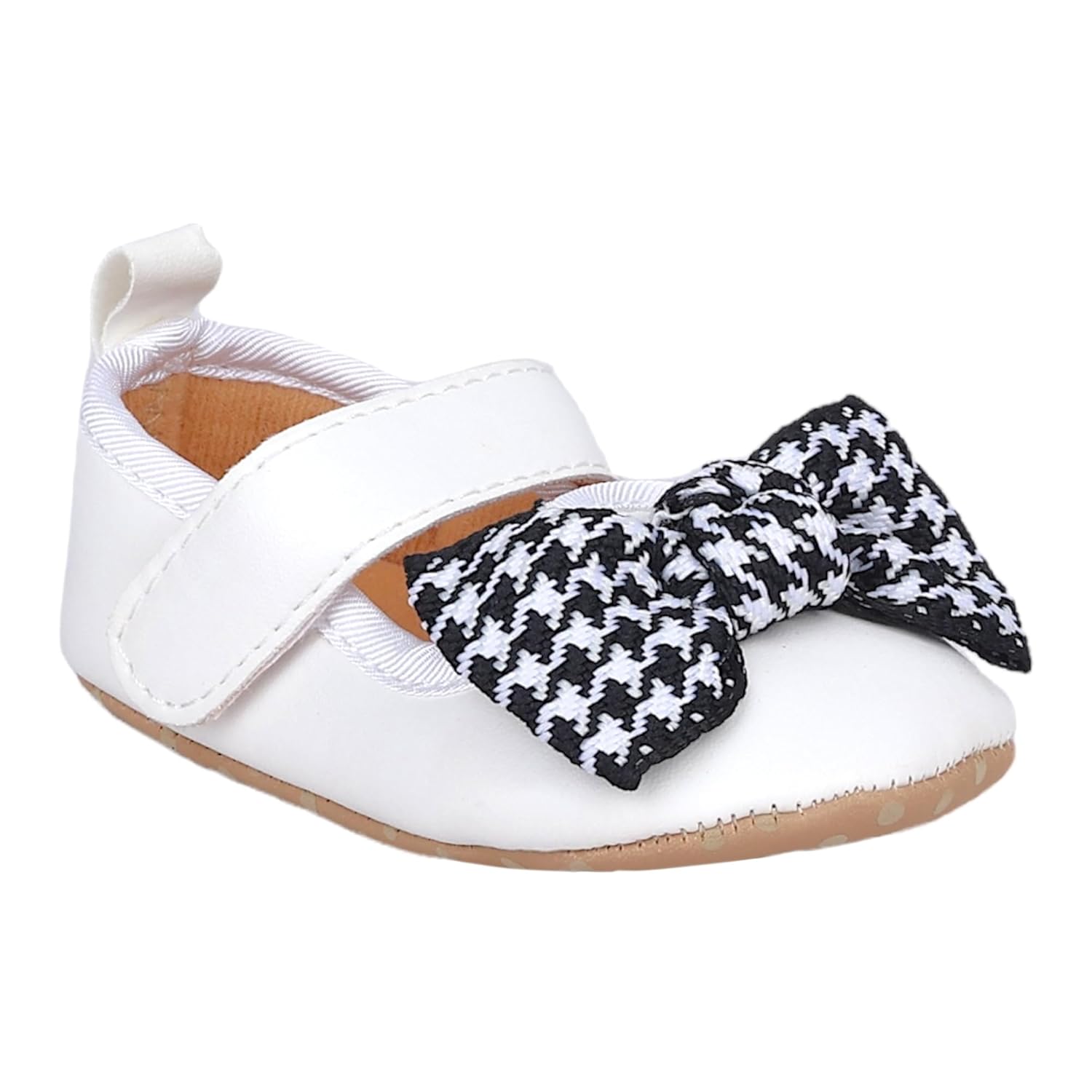 BabyMoo Booties for Baby Girls-Infants-Toddlers Houndstooth Bow Knot Velcro Strap Antiskid Ballerina Booties White- Age 6-9 Months