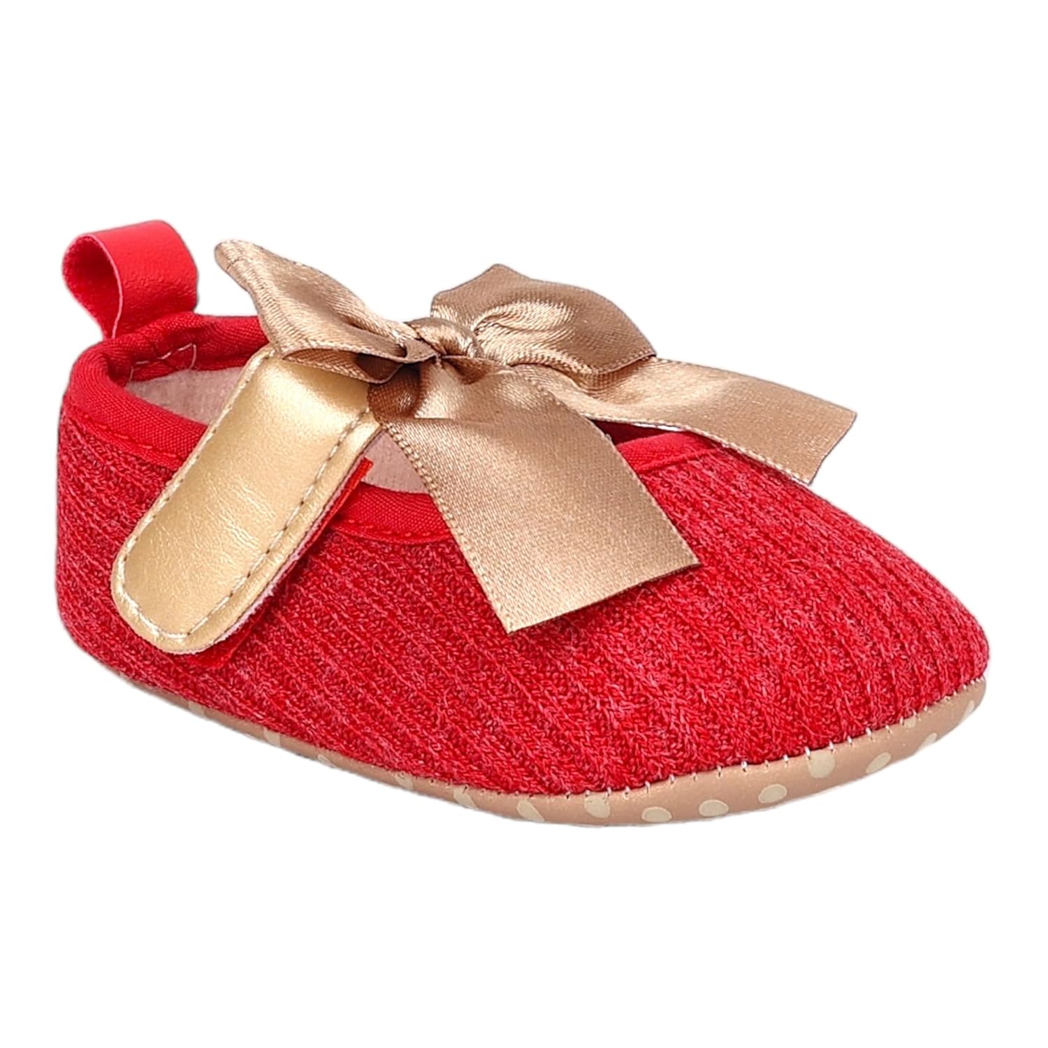 BabyMoo Bow Knot Strap Ribbed Antiskid Ballerina Booties Red Soft-Sole Shoes for Infants, Toddlers, and Little Girls-Age 9-15 Months