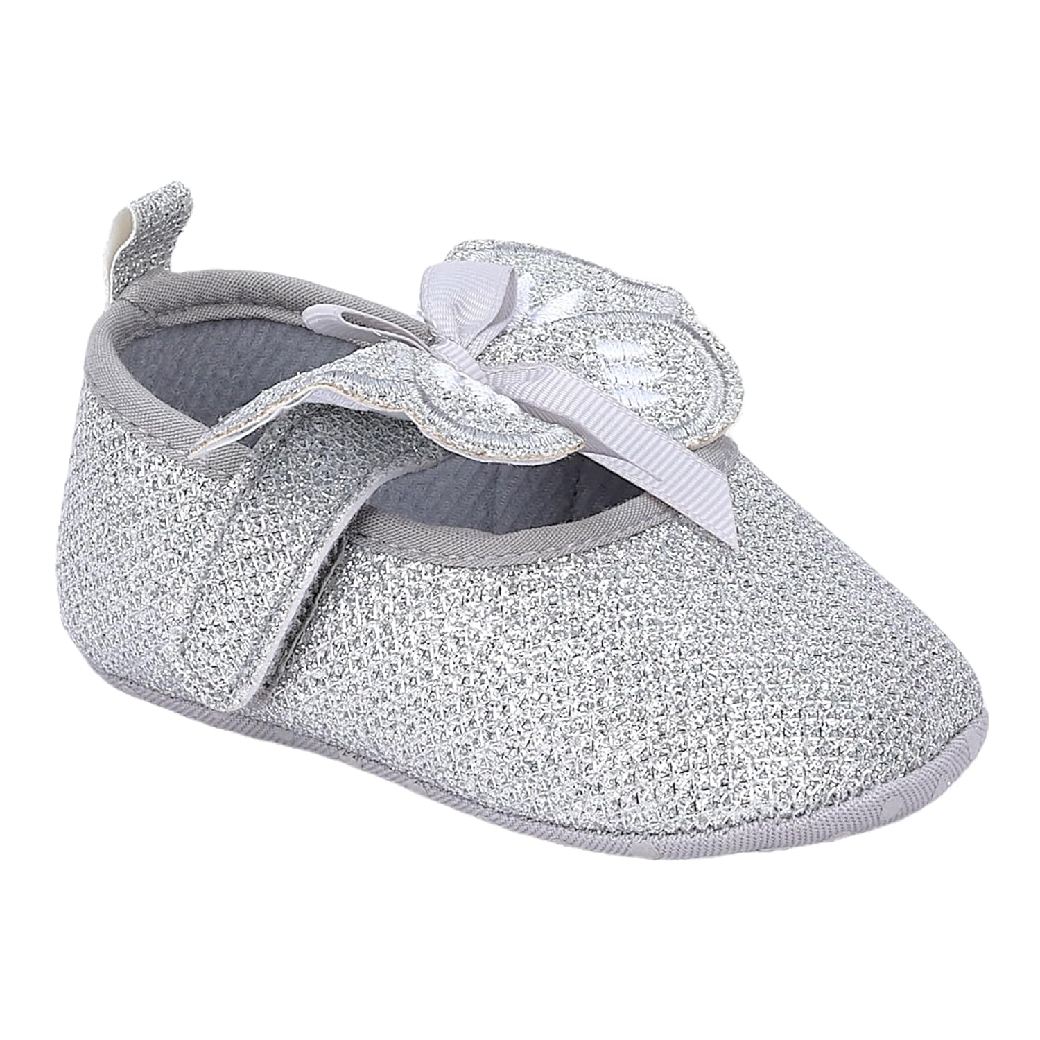 BabyMoo Butterfly Bow Shiny Party Antiskid Ballerina Booties Silver – Soft Sole, Comfortable Newborn and Infant Shoes, Age 6-9 Months, Ideal for Baby Girls