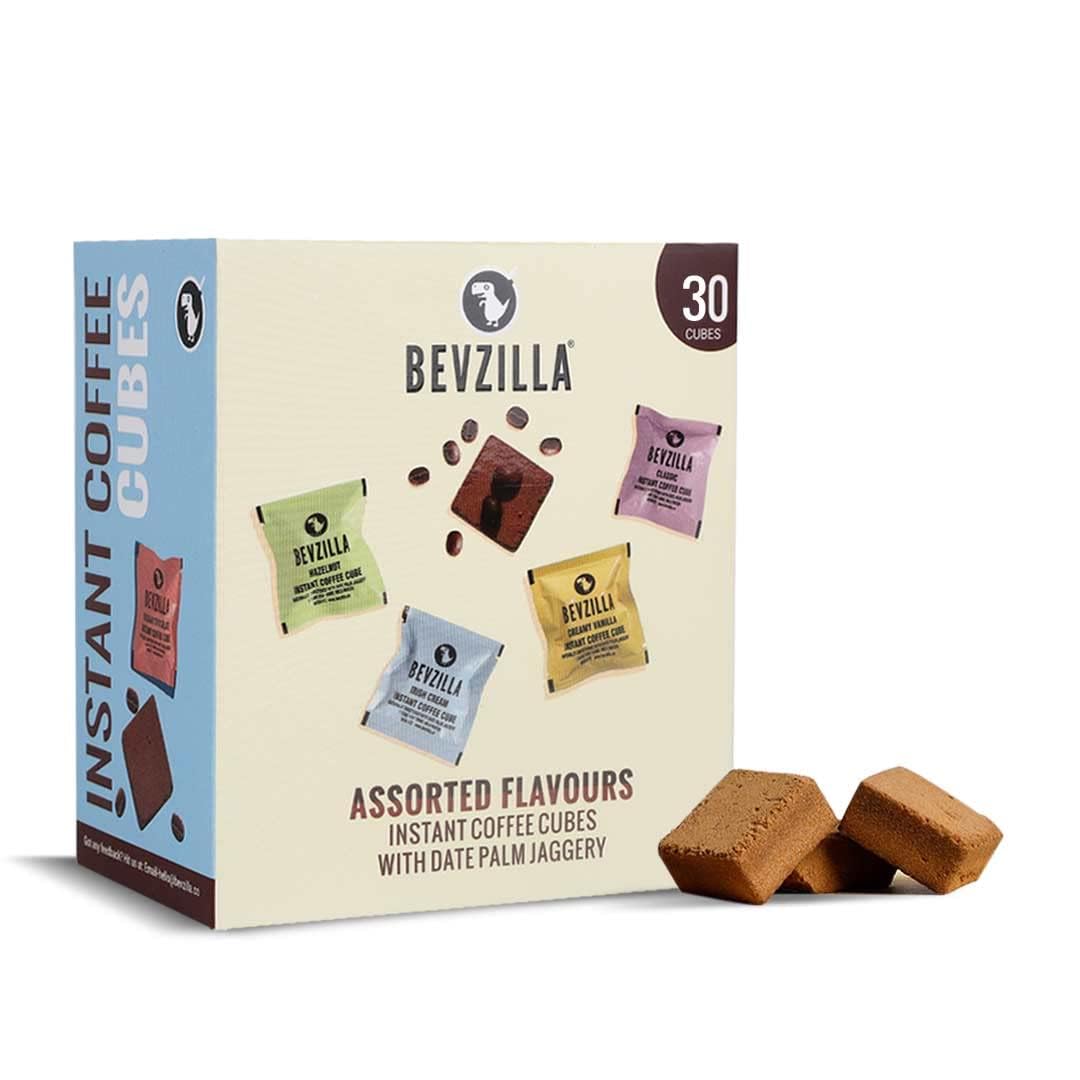 Bevzilla 30 Assorted Instant Coffee Cubes Pack with Organic Date Palm Jaggery, 4 Flavours, 100% Arabica Coffee, , Zero Refined Sugar, Real Ingredients, No Preservatives, Drop Stir and Enjoy | Enjoy Hot & Cold