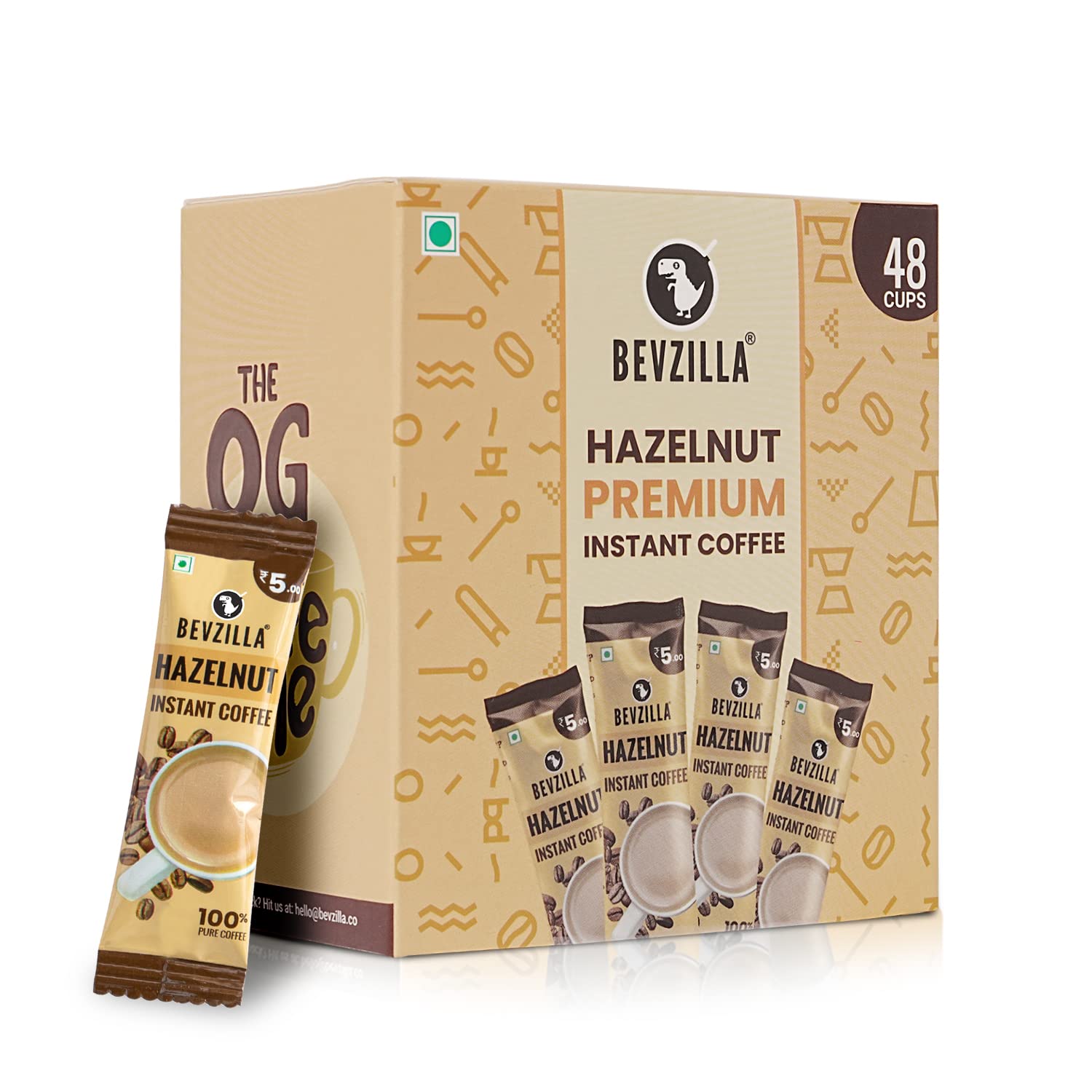 Bevzilla 48 Instant Coffee Powder Sachets (Hazelnut) – 96 Grams| Hot & Cold Coffee| Makes 48 Cups| 100% Arabica Coffee | Easy To Carry| Best For Espresso, Latte, Cappuccino
