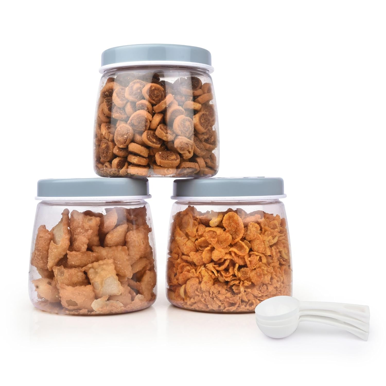 FLAIR Cubics Airtight Food Storage Containers Set of 3 (1000ml each) with Spoon – Blue, BPA-Free, Transparent, Durable & Space-Saving Jars for Kitchen, Pantry, Snacks, Grains & More