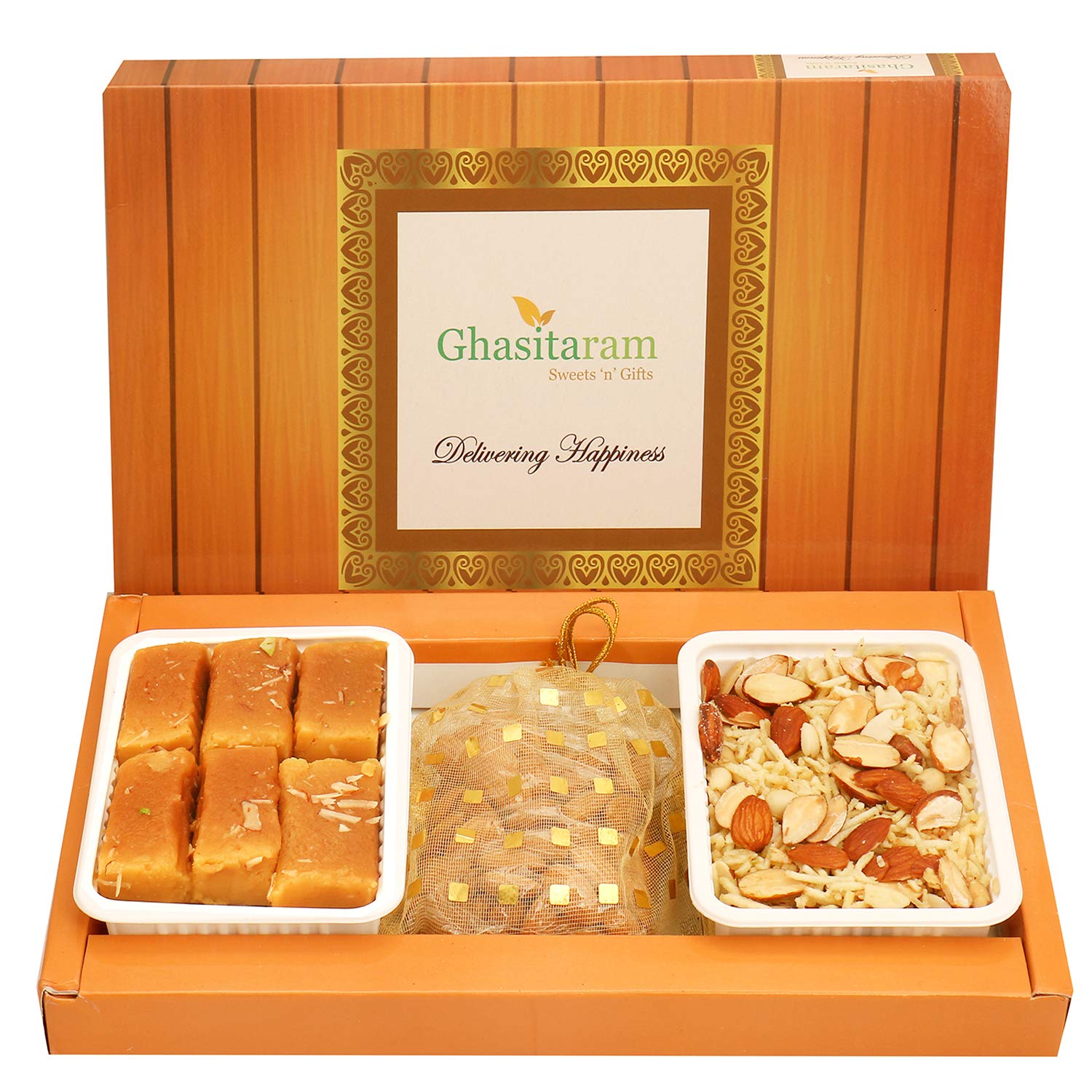 Ghasitaram Gifts Mother’s Day Gifts Mysore Pak ,Namkeen and Almonds Pouch Hamper|Gift Hamper|Diwali Gift Hamper|Food Hampers|Gourmet Hampers|