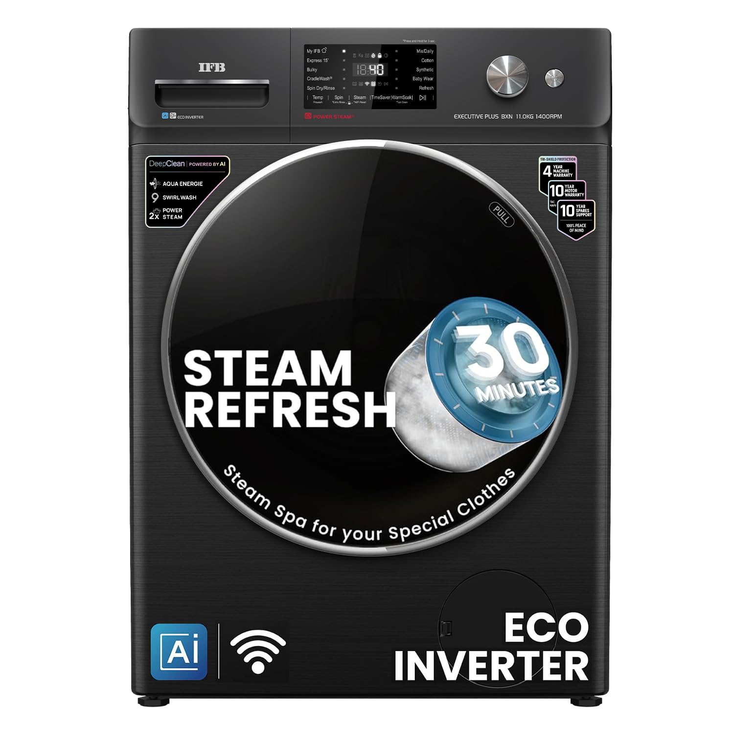 IFB 11 Kg 5 Star with DeepClean® Technology, AI Powered, WiFi, Fully Automatic Front Load Washing Machine (EXECUTIVE PLUS BXN 1114KH, PowerSteam®, 9 Swirl, Steam Refresh, Eco Inverter, Black VCM)