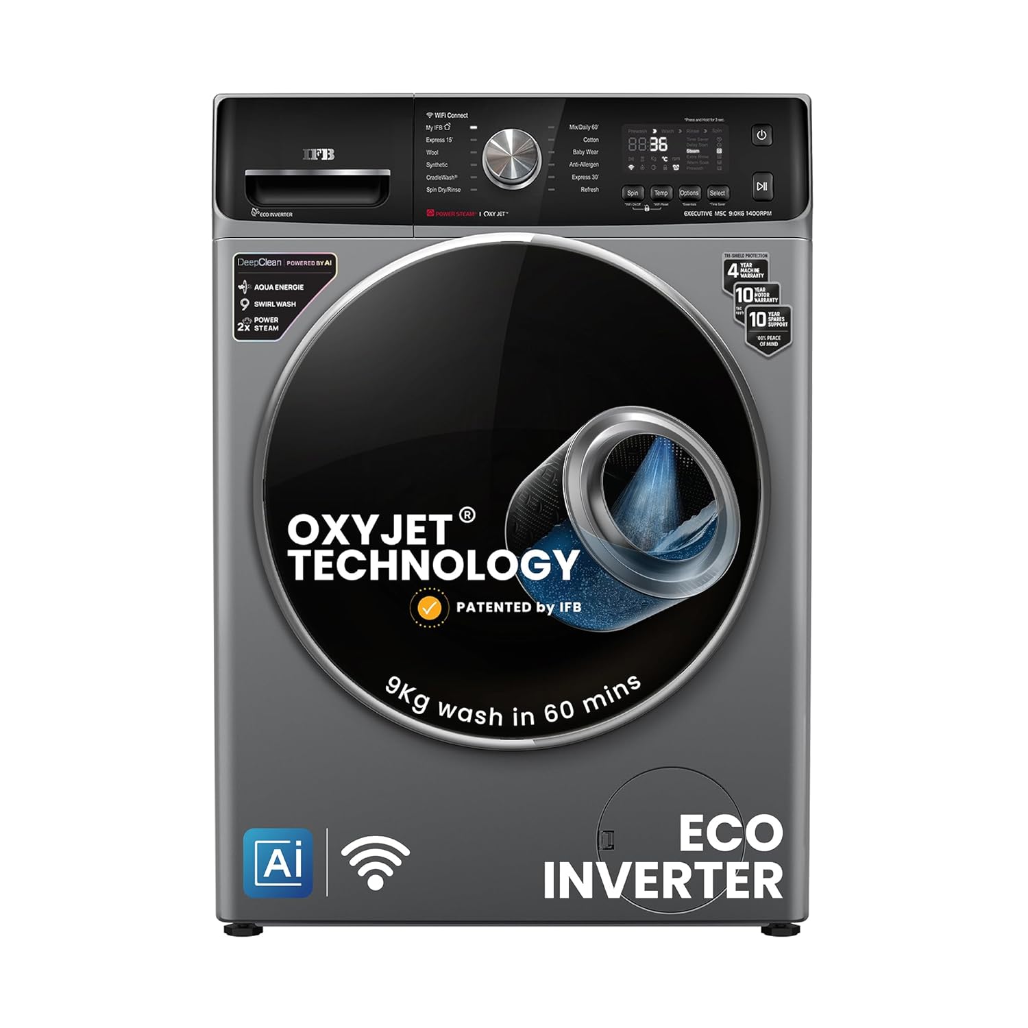 IFB 9Kg 5 Star with Deep Clean Oxyjet Technology, AI Powered, Wi-Fi, Fully Automatic Front Load Washing Machine (EXECUTIVE MSC 9014 SSL, Steam Refresh Program with Eco Inverter, Metallic Silver)