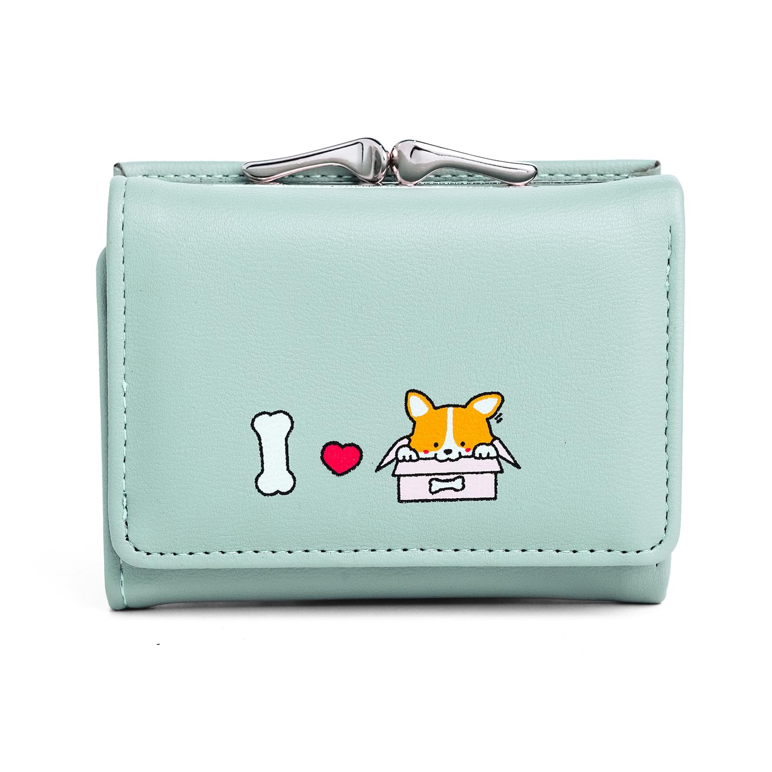 INOVERA (LABEL) Cute Corgi Dog Wallets for Womens,& Girls – Stylish Faux Leather Tri-fold Cash, Cards Holder Wallet | Small Hand Purse with Bone Design (Light Blue)