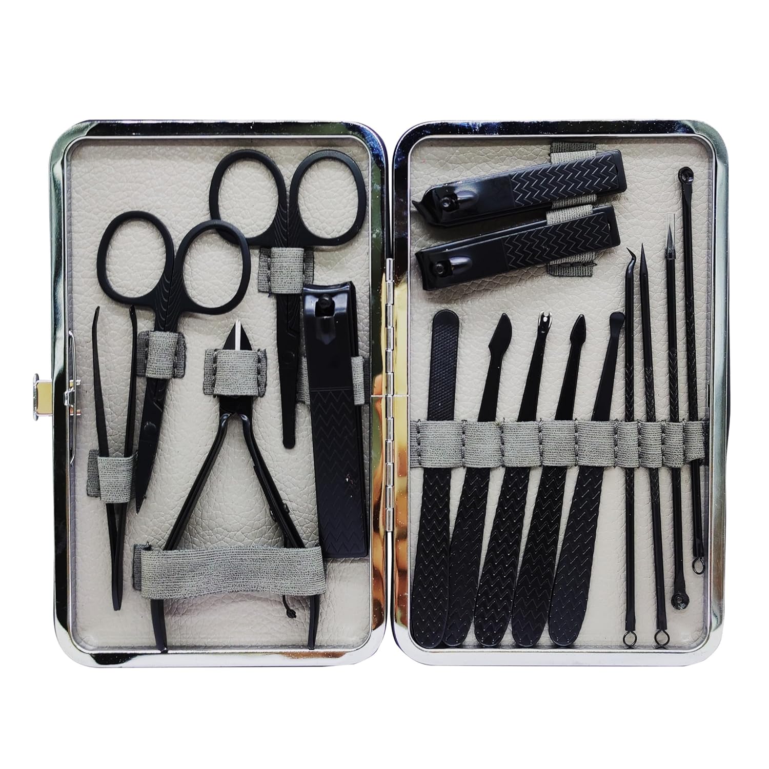 KIRA 16Pcs Manicure Pedicure Set Nail Clippers Stainless Steel Nail Scissors Grooming Kit with Peeling Knife, Nail Cleaning Knife, needle, Blackhead Tool & Travel Case (Black)