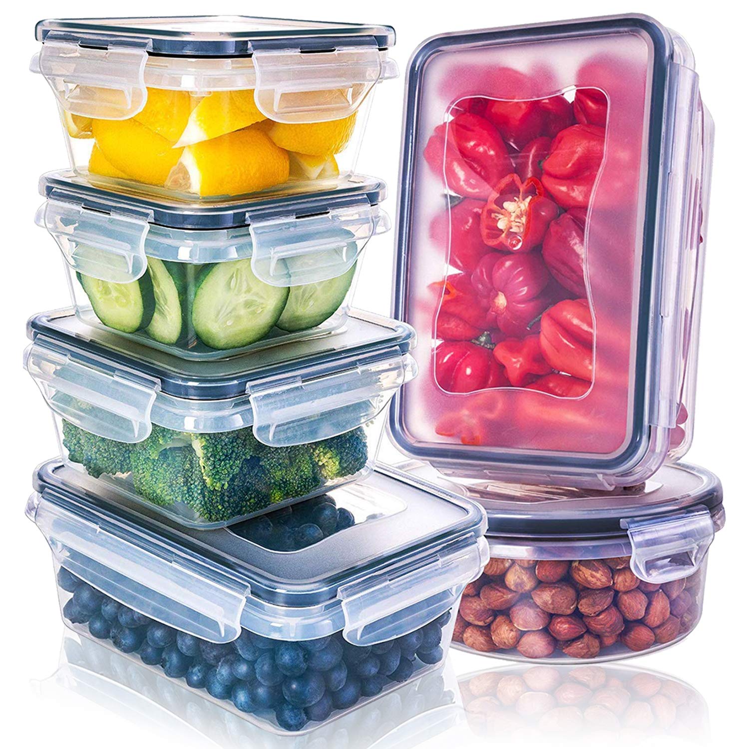 KITCHENACE,Modernise your living, Kitchen Storage Box with Lid, Plastic Fridge Storage Containers Set to keep Vegetables and Fruits Fresh in the Refrigerator Snap-Seal (6-Pc) Black, Transparent