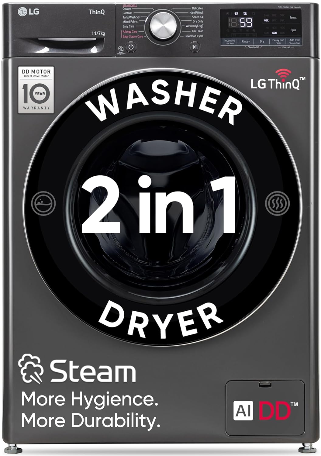 LG 11 Kg (Wash) / 7 Kg (Dry), AI Direct Drive Technology, Steam, 6 Motion DD & Wi-Fi Front Load Fully Automatic Washer Dryer (FHD1107SWM, Intelligent & Convenient Fabric Care, Turbowash, Middle Black)