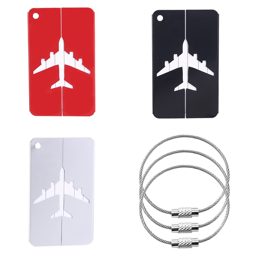 Luggage Tags 3 PCS Travel Bag Tags with Name ID Aluminum Suitcase Tags Baggage Tags for Luggage for Flight(Black Silver Red)
