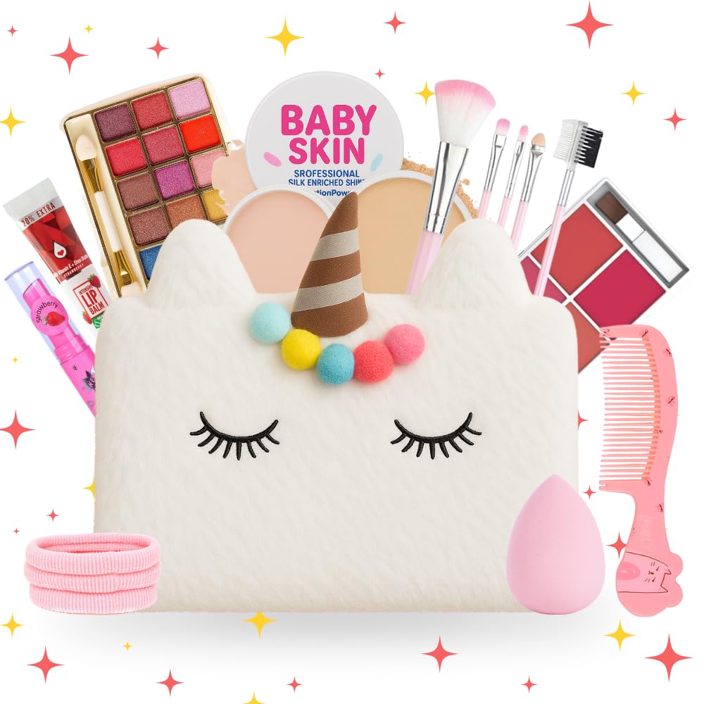 Makeup Kit for Girls & Teens – 20 PCS Safe & Washable Beauty Set with Unicorn White Fur Bag – Non-Toxic Cosmetics for Ages 7–16 – Gift Set with Brushes, Lip Gloss, Blush & More – All in one Makeup Kit