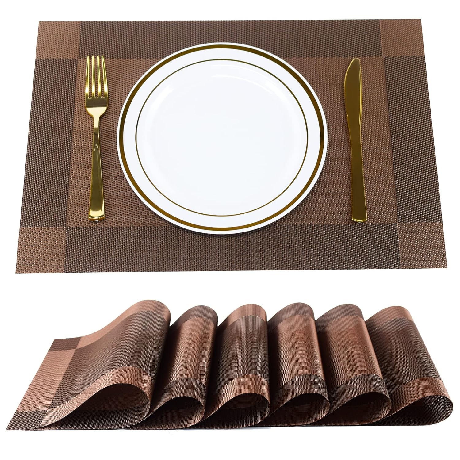 P-Plus International Placemats Place Mats for Kitchen Dining Table, Heat-Resistant StainAnti-Skid Washable PVC Table Mats,Vinyl Dinner Mats (Brown, 6 Pack)