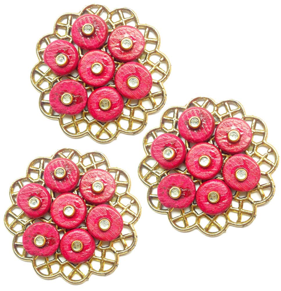 Paushak Boutique Designer Wooden Magenta Circle with Golden Mat Button (Piece of 3)
