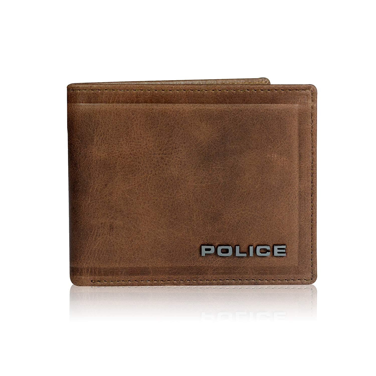 Police Metal Bi-Fold RFID Slim Coin Wallets for Men Leather Original Gents Purse Gift for Men – Brown