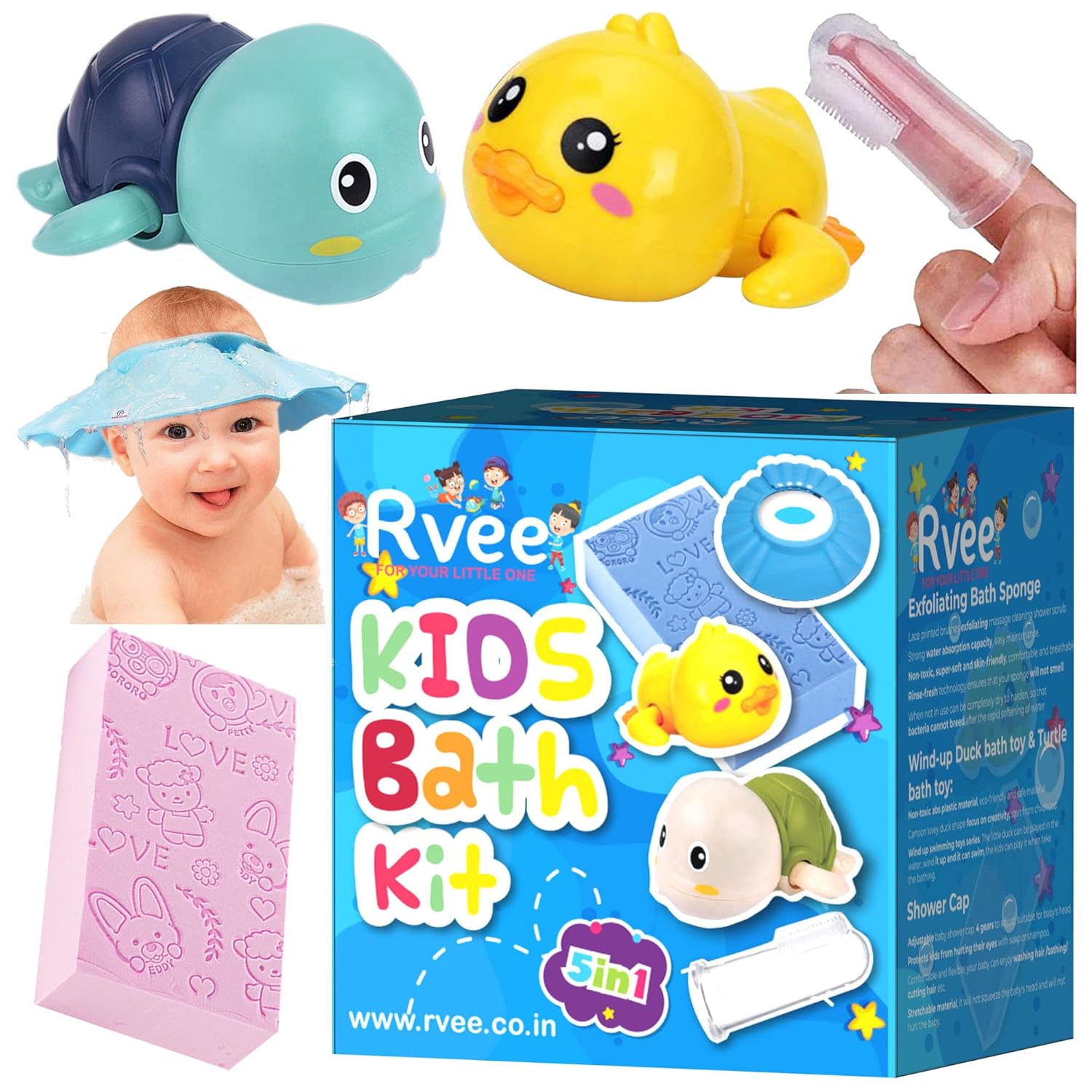 RVEE Kids Bath Kit 5 in 1 Baby Shower Gift Set Bath Toys – Bath Sponge – Shampoo caps – Pack of 5 Different Essential Bathroom Products Accessories for Kids/Babies(0-3 Year Old), Multicolor