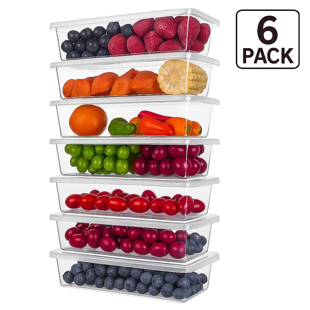 SOPTOOL Fridge Storage Box Containers Set of 6 (1500ml) – Refrigerator & Freezer Organizer Bins for Kitchen, Vegetables, Fruit, Food Storage with Draining Crisper Lid
