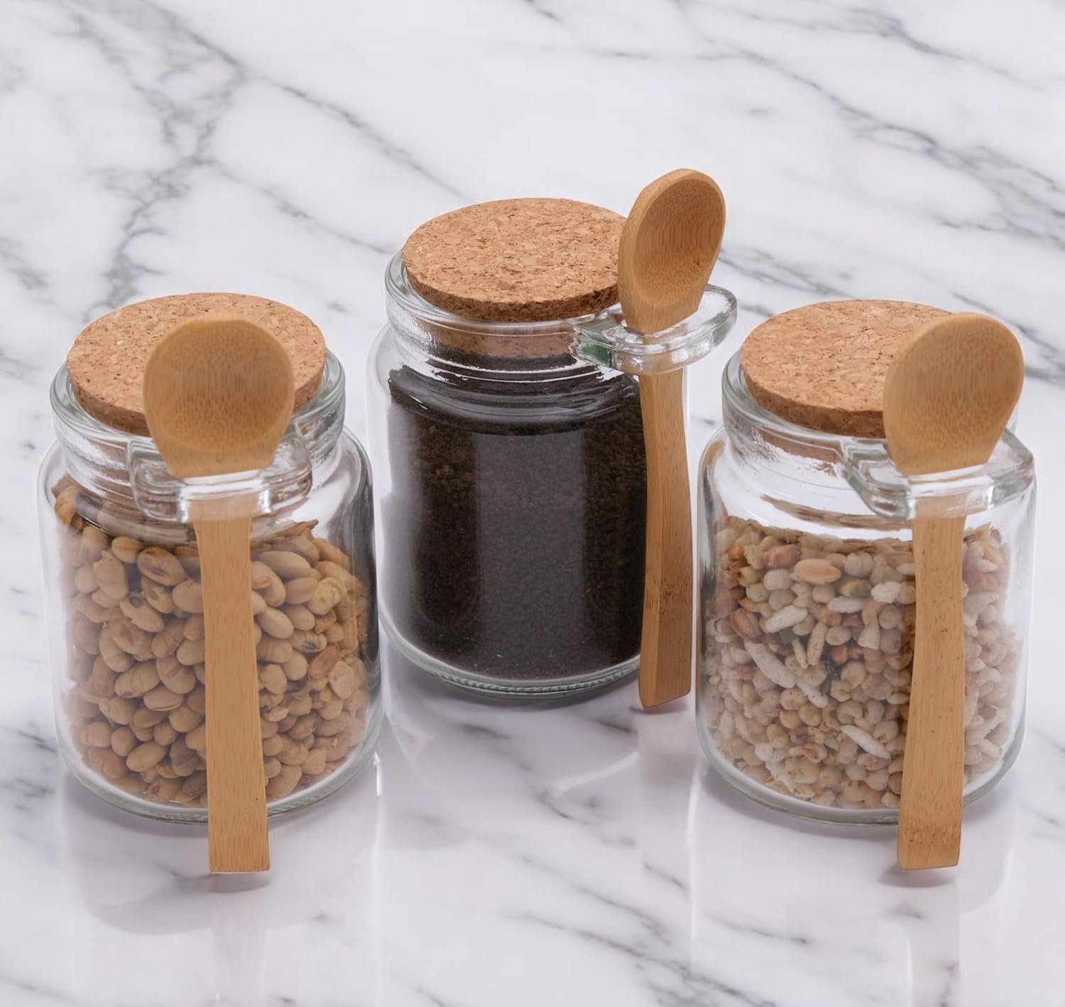 Store2508 Pack of 3 Airtight Glass Container Seasonal Spice Container Jars with Lid & Wooden Spoon Canister Kitchen Condiment Food Storage Jar for Storing Salt Pepper Chilli Flakes(Transparent -200ml)