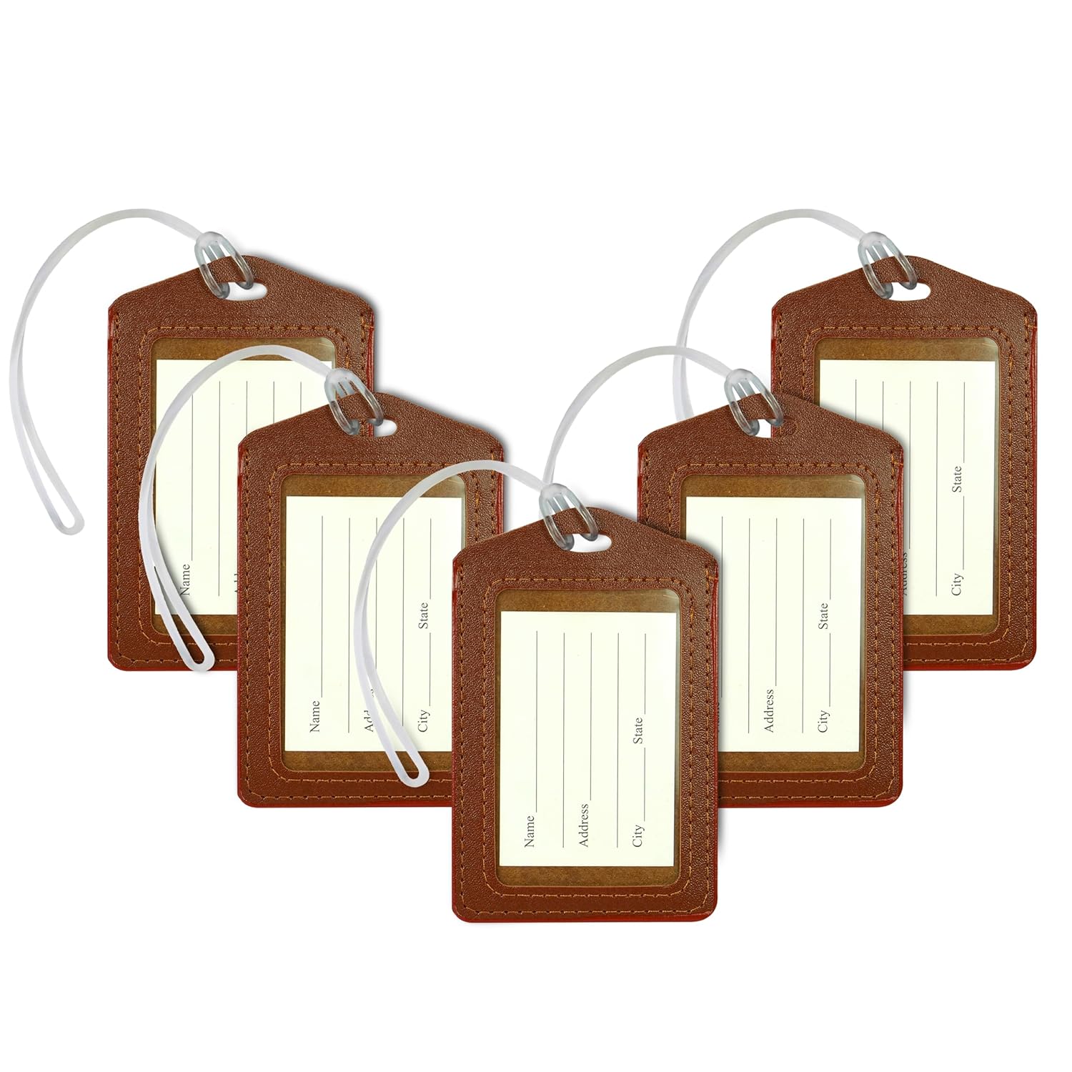 Storite 5 Pack PU Leather Luggage Tag Travel Identification Name Tag for Bag & Backpacks Suitcase Tags for Traveling (Brown, 11×7 cm)