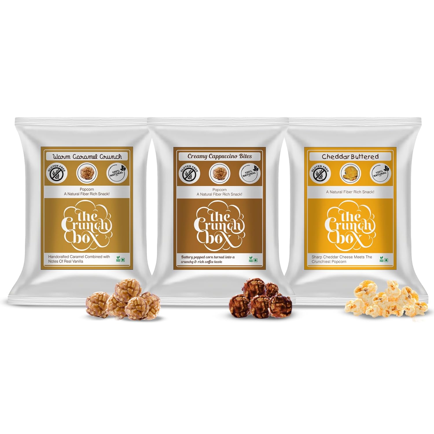 The Crunch Box Presents New Flavour, New Packaging | Combo Pack of 3 Cs | Caramel; Cappuccino; Cheddar Butter Cheese | 560gms | Gourmet Popcorn | Healthy Popcorn for All Occassions
