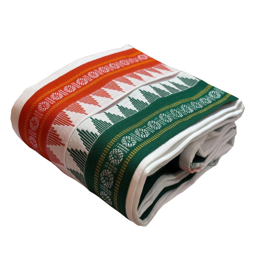 Traditional Handloom Cotton Bath Towel Gamcha, White with Orange and Green Border Design, Full Size
