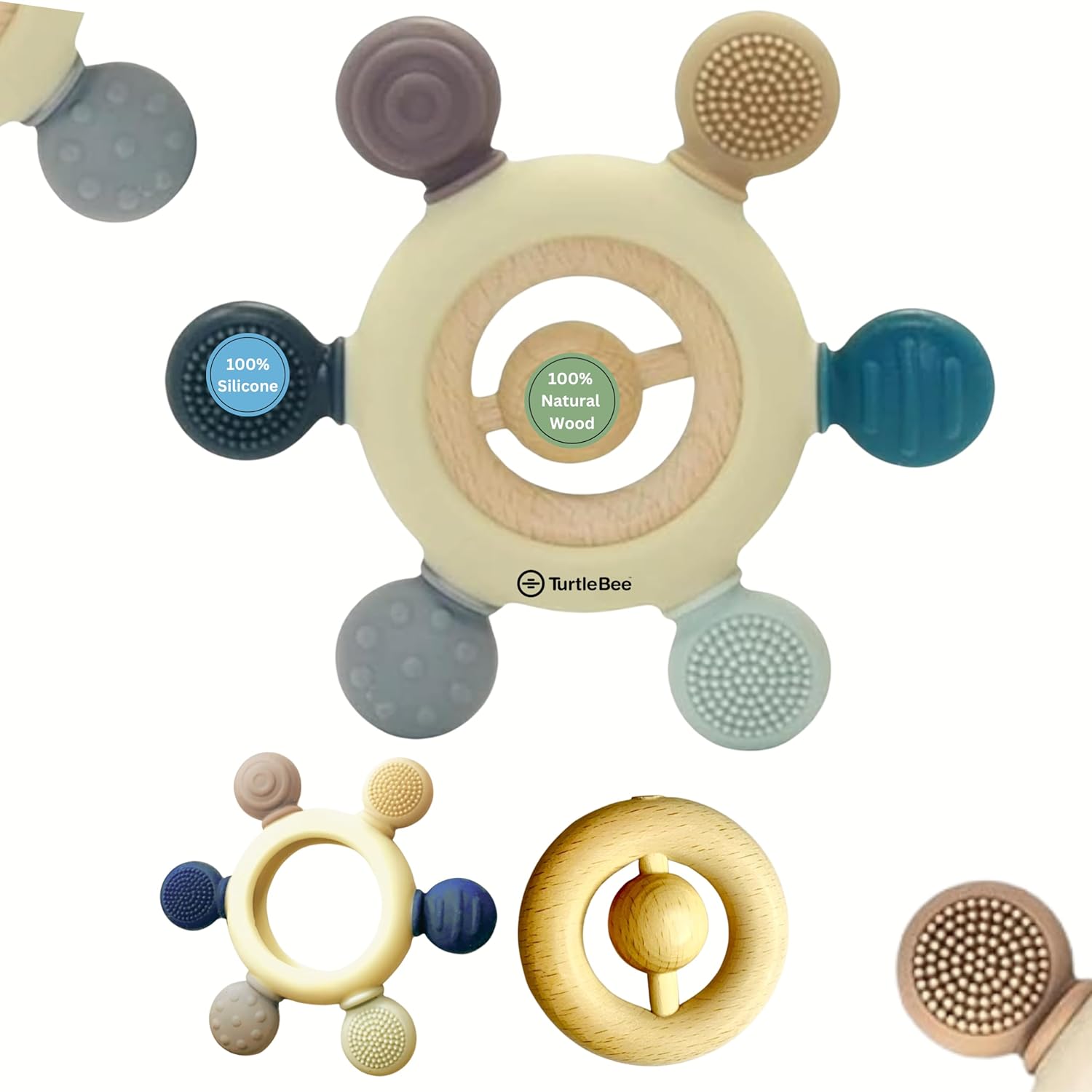 TurtleBee Baby Toy – 2 in 1 Teething Toy- Silicone & Neem Wood Teether, Chewing & Mouthing Sensory Toy for Infants (3-12 Months) – Made in India (Blue)