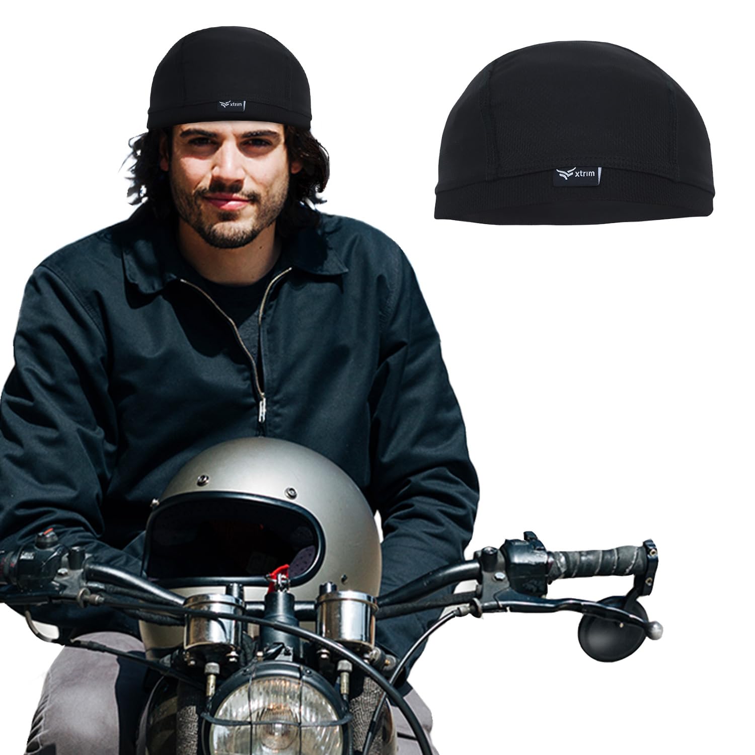 XTRIM Unisex Helmet Skull Cap for Bikers & Cyclists, Cotton Head Cap, Hair Inner Helmet Cover Cap for Men, Sweat Cooling for Women, Skull Cap for Summer (Jet Black, One Size Fits All)