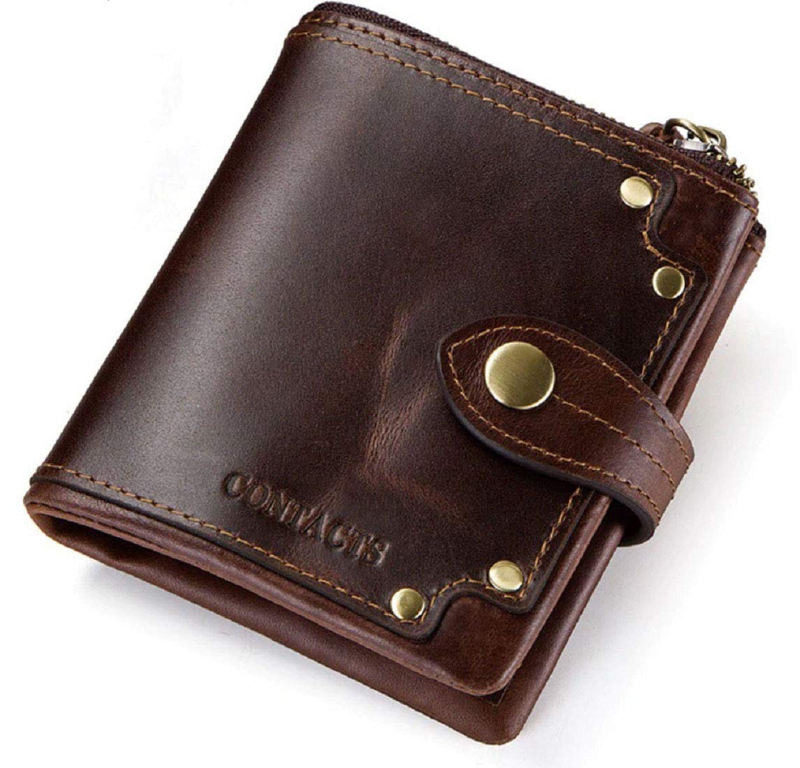 Contacts Men’s Genuine Leather Wallet | RFID Blocking | Bifold with Button Closure | 13 Card Slots Including 1 ID Window, 1 Zip Closure Currency Compartment (Brown)