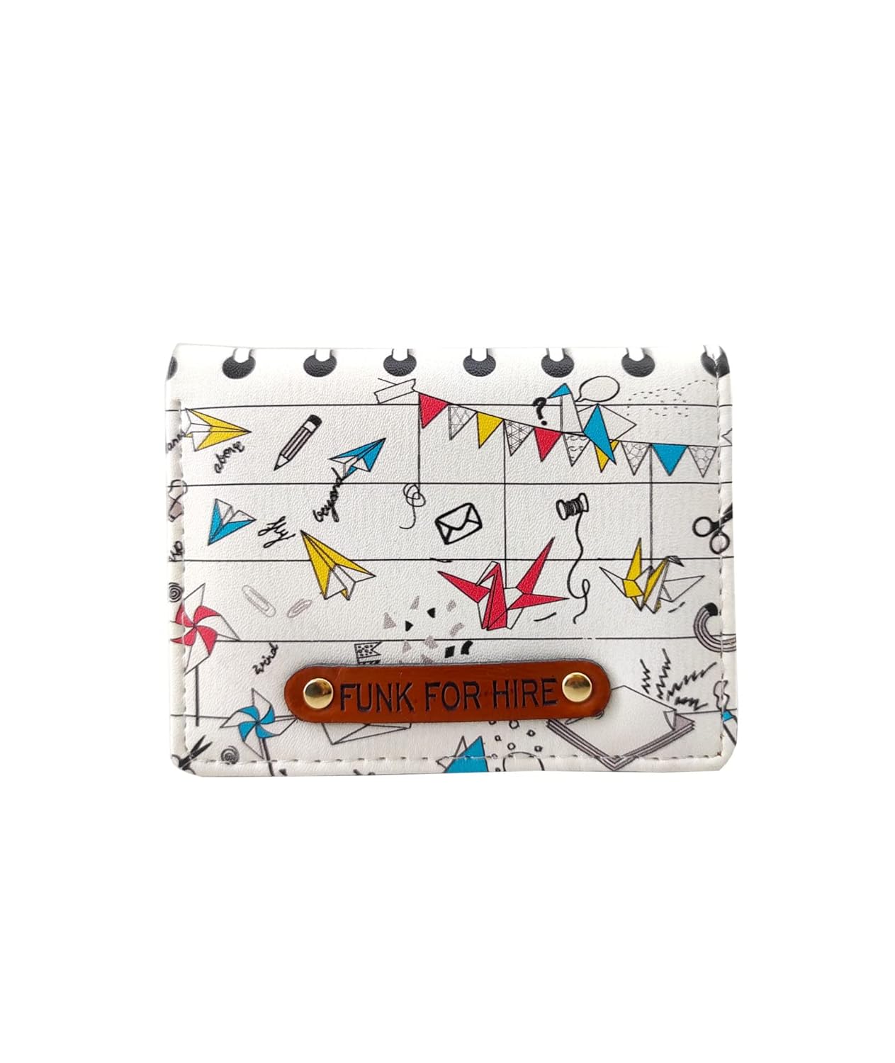 Funk For Hire Unisex Vegan Leather Small Card Wallet White Mini Bifold Slim Wallet with 6 Card Slots, Coin Zipper Pouch and Cash Compartment Lightweight Compact Wallet
