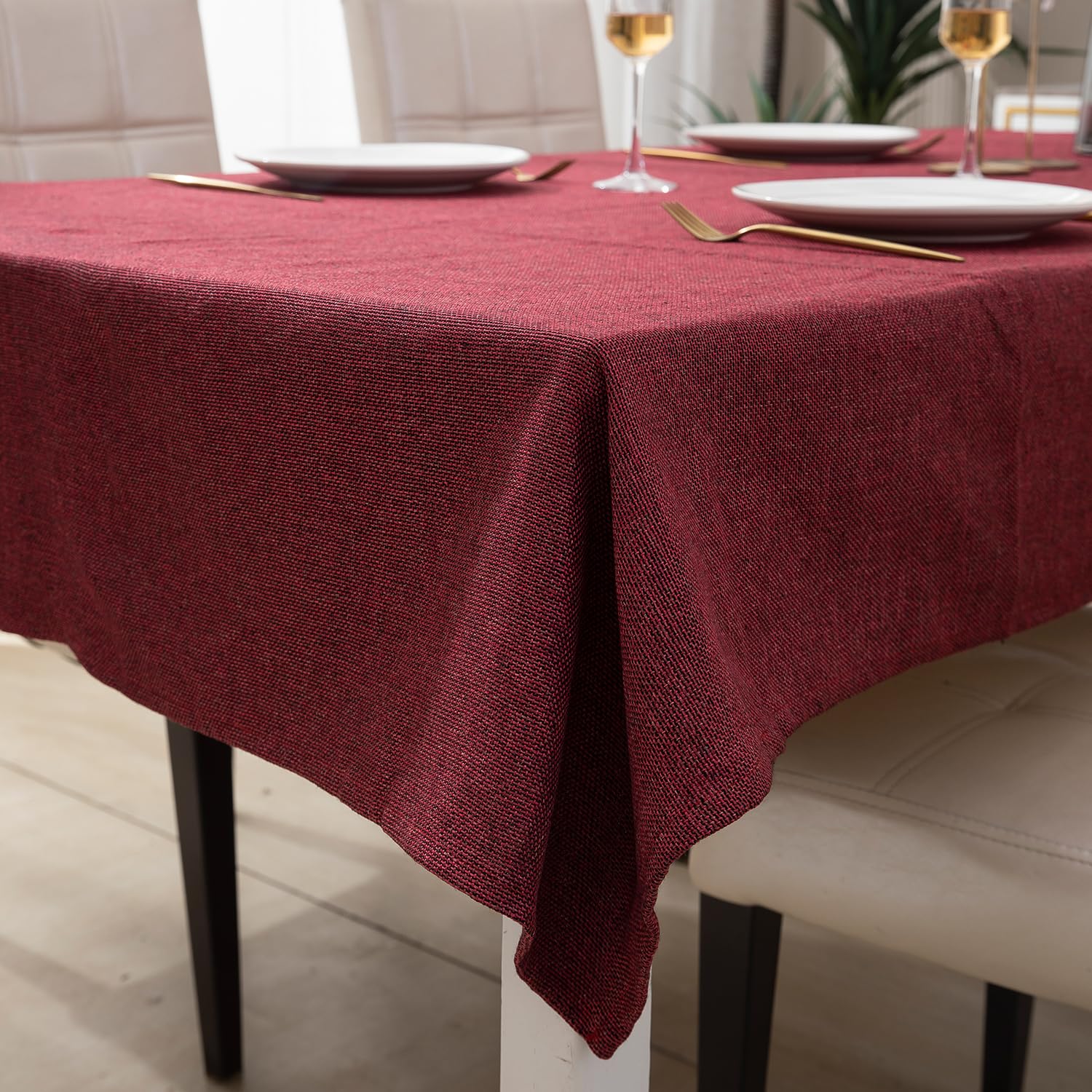 HOKIPO Poly Jute Table Cloth 6 to 8 Seater Rectangular Dining Table Cover 50×90 Inches, Red (IN364-RED)