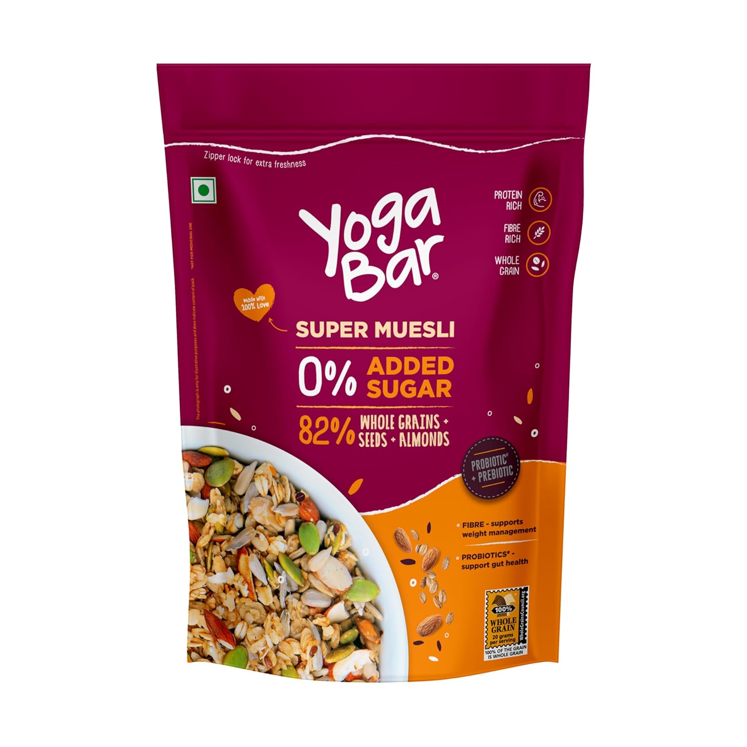 Yogabar Super Muesli, No Added or Hidden Sugar, Breakfast Muesli with Probiotics & Prebiotics, 84% Almonds + Whole Grains + Chia Seeds + Flax Seeds, 400g