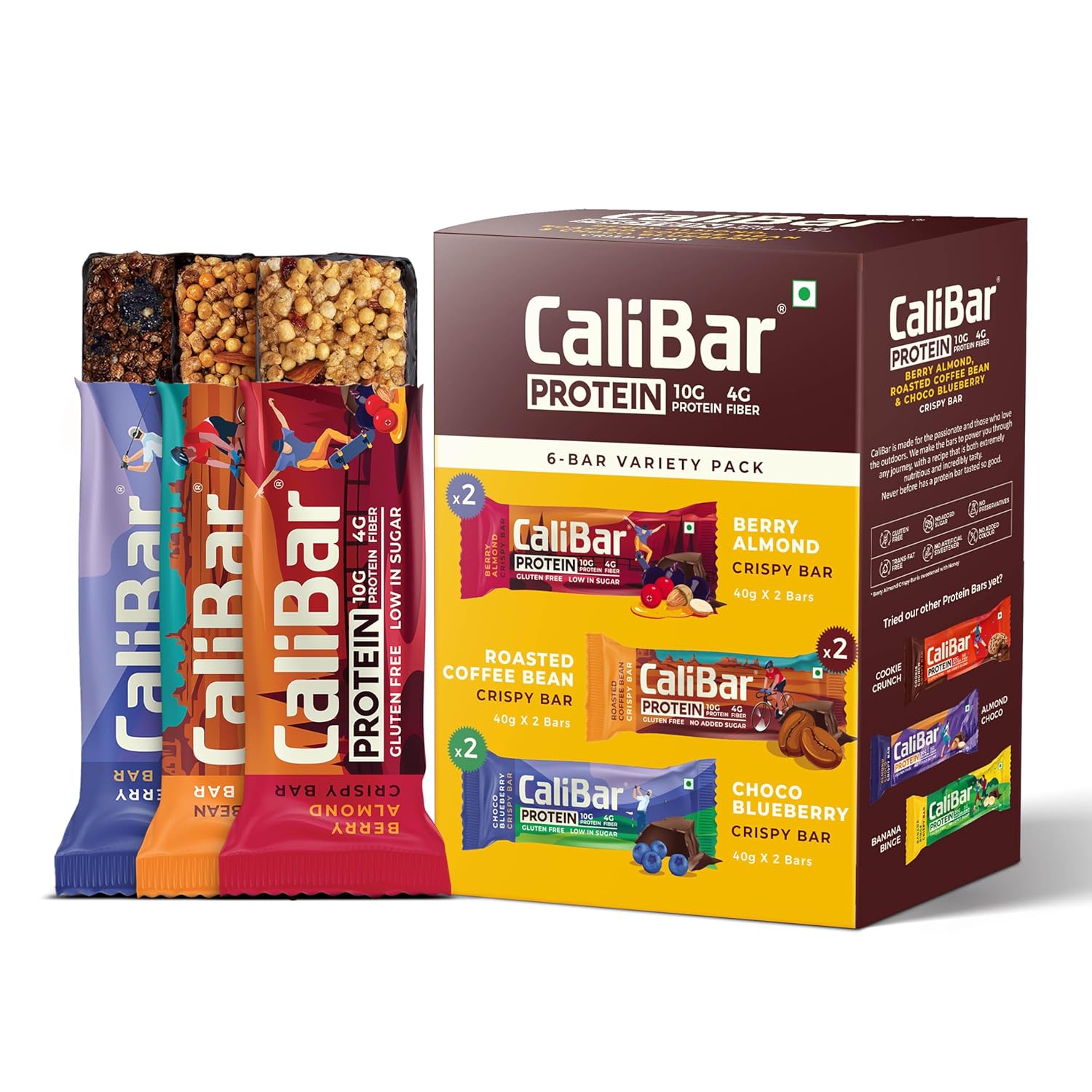 CaliBar 10g Protein Bar – Berry Almond + Roasted Coffee Bean + Choco BlueBerry Crispy Bar (Combo Pack of 6) Variety Pack , With Real Coffee, With Real Bits of Cranberry & Blackcurrant, Low In Sugar, Sweetened With Honey, Gluten-Free, 4g Fiber, No Preservatives, Delicious Taste & 100% Veg. | Guilt-Free snacking for High Protein diets, Sustained Energy, Fitness & Immunity (40g x 6 Bars)