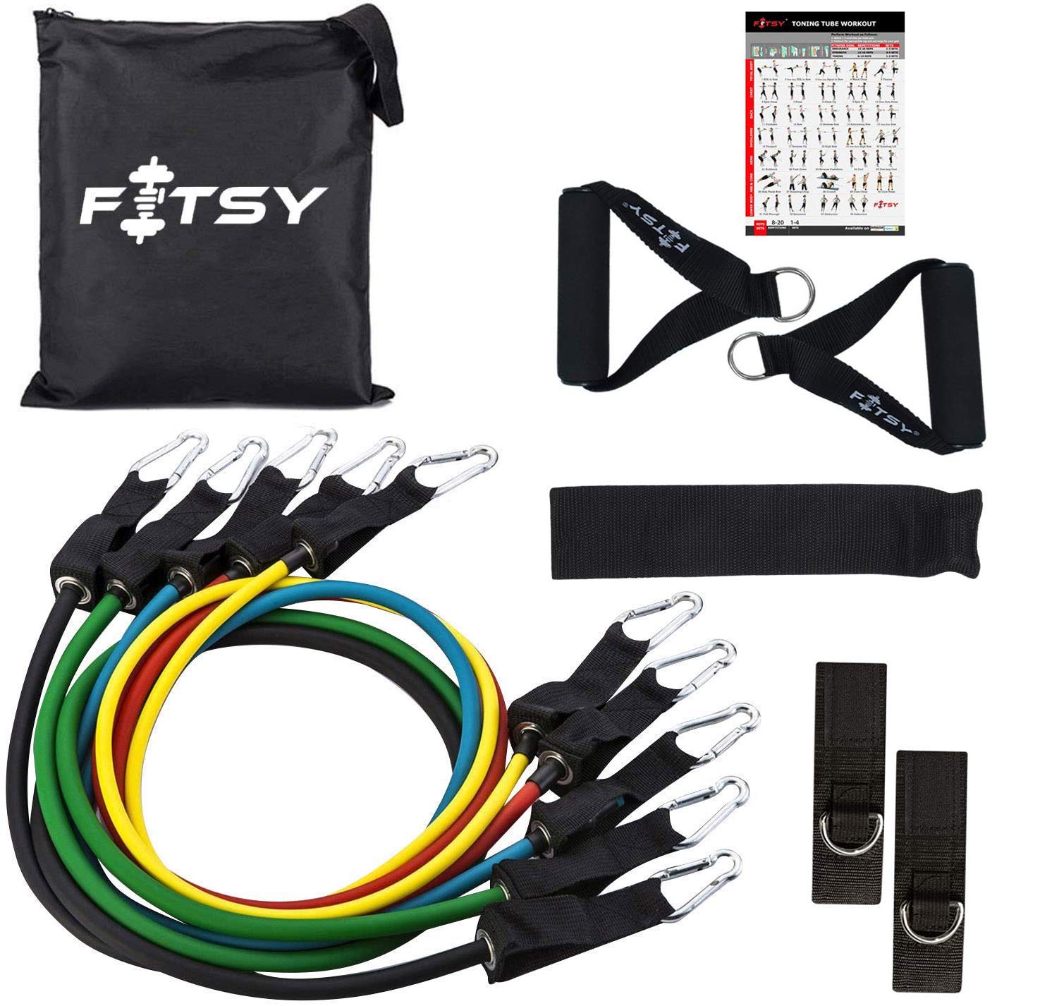 FITSY® Complete Resistance Bands Set – Includes 5 Exercise Tubes, 1 Door Anchor, 1 Pair Ankle Straps, 1 Pair Handles & 1 Bag with Workout Chart