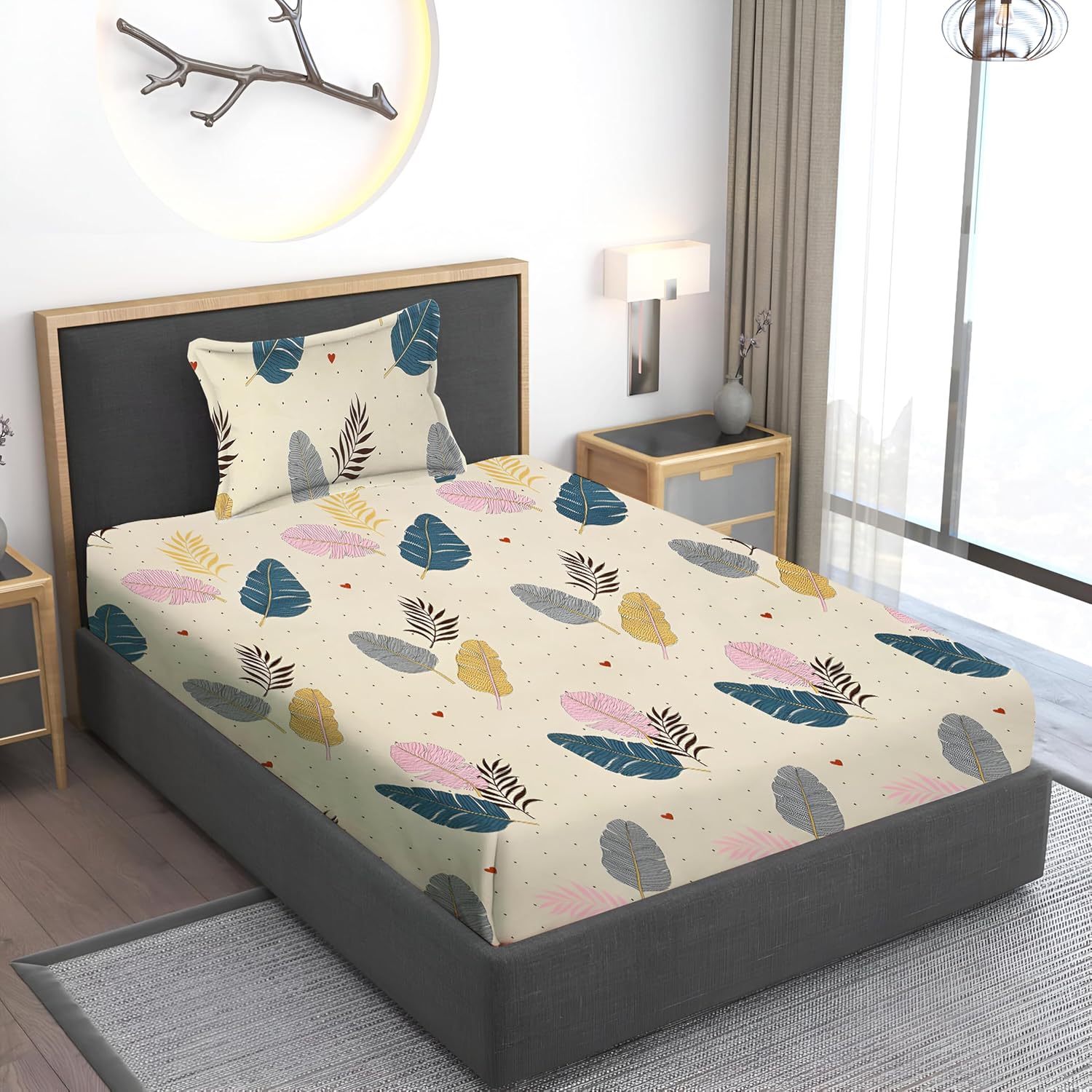 IVAZA Cotton Feel Ezyption Cotton Wrinkle Free Soft Hypoallergenic Bed Sheet | Floral Printed Single Bedsheet Size with 1 Pillow Cover (60×90 Inches Cream