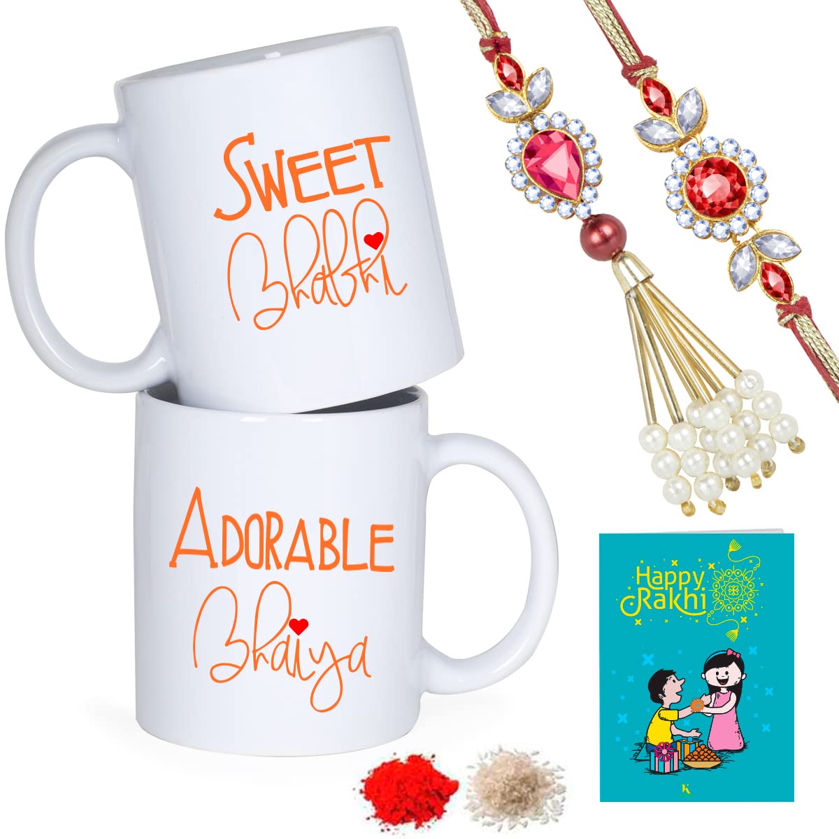 Next Bazaar Rakhi Gift for Brother and Bhabhi-Rakhi for Bhai and lumba for bhabhi on Rakshabandhan 2 Coffee Mug, Roli, Chawal & Greeting Card Combo