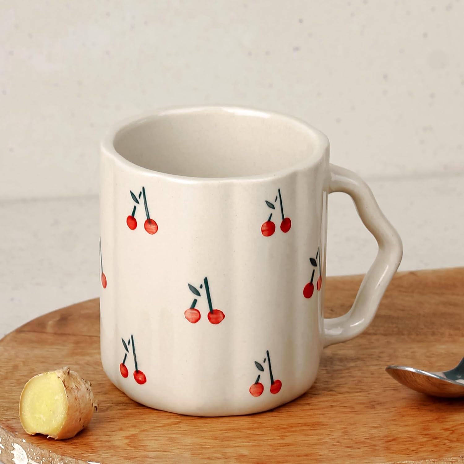 The Earth Store Cream Cherry Ceramic Coffee Mug Set of 1, 300 ML | Dishwasher & Microwave Safe Tea/Milk Mug | Mug for Coffee | Perfect for Casual Gathering, Giftings, Daily Use, Office
