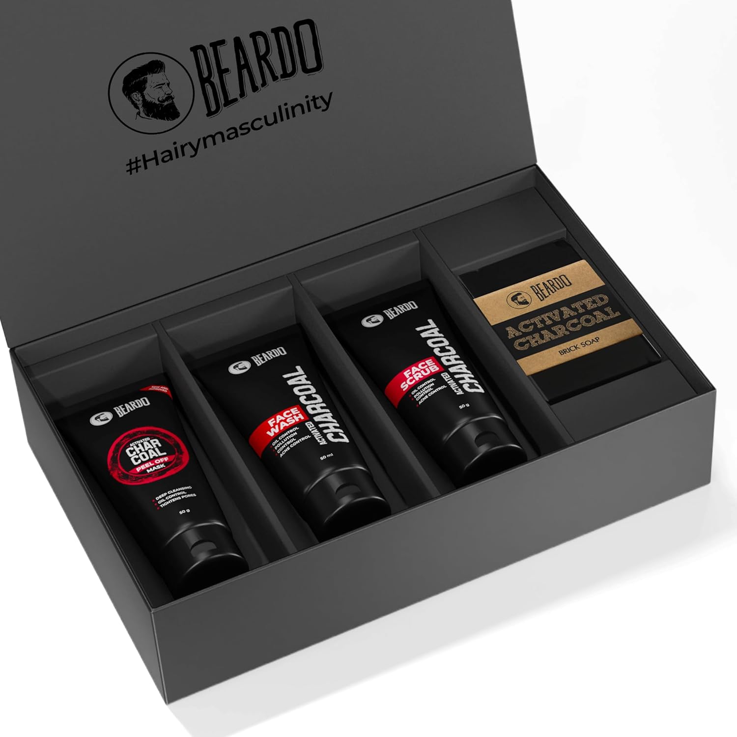 Beardo Charcoal 4-in-1 Giftset for Men | Complete Face & Body kit, pack of 4 (Facewash, Peel-off mask, Scrub, Soap) | Rakhi Gift for Brother | Gift for boyfriend | Gift for Men | Gift for Brother