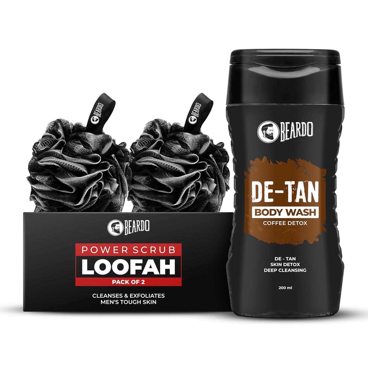 Beardo DeTan Body Wash for Men 200ml & Power Scrub Loofah Pack of 2 (Set of 2) – Deep Cleansing, Tan Removal & Exfoliating Body Wash for Men | Perfect for Oily & Acne-Prone Skin | Scrub for Effective Exfoliation | Ideal for Daily Use | Ultimate Grooming Kit with Tan & Acne Issues