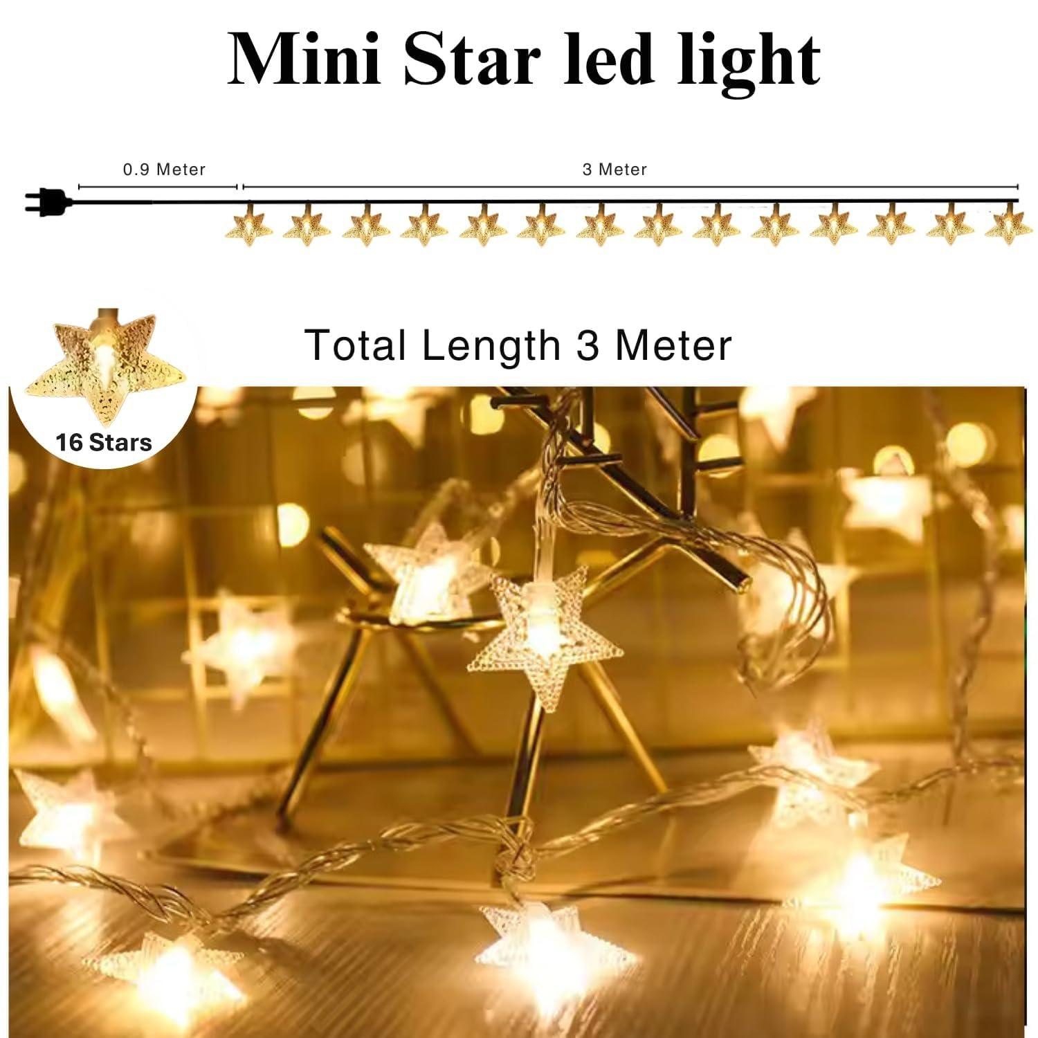 Desidiya® 16 Star String LED Lights 3 Meter Warm White Waterproof Decorative Lights for Diwali, Birthday, Festival for Indoor Outdoor Plug in Decoration Lighting