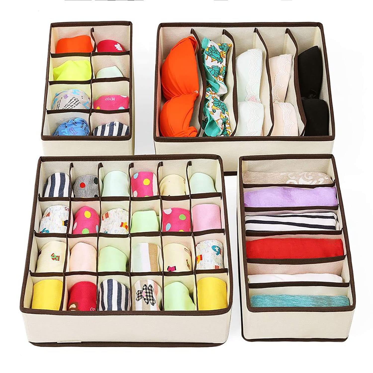 House of Quirk Foldable Storage Box Drawer Divider Organizer Closet Storage for Socks Bra Tie Scarfs – Beige,Set of 4,Standard,34 x 31 x 4 Cms, Fabric, Clothing