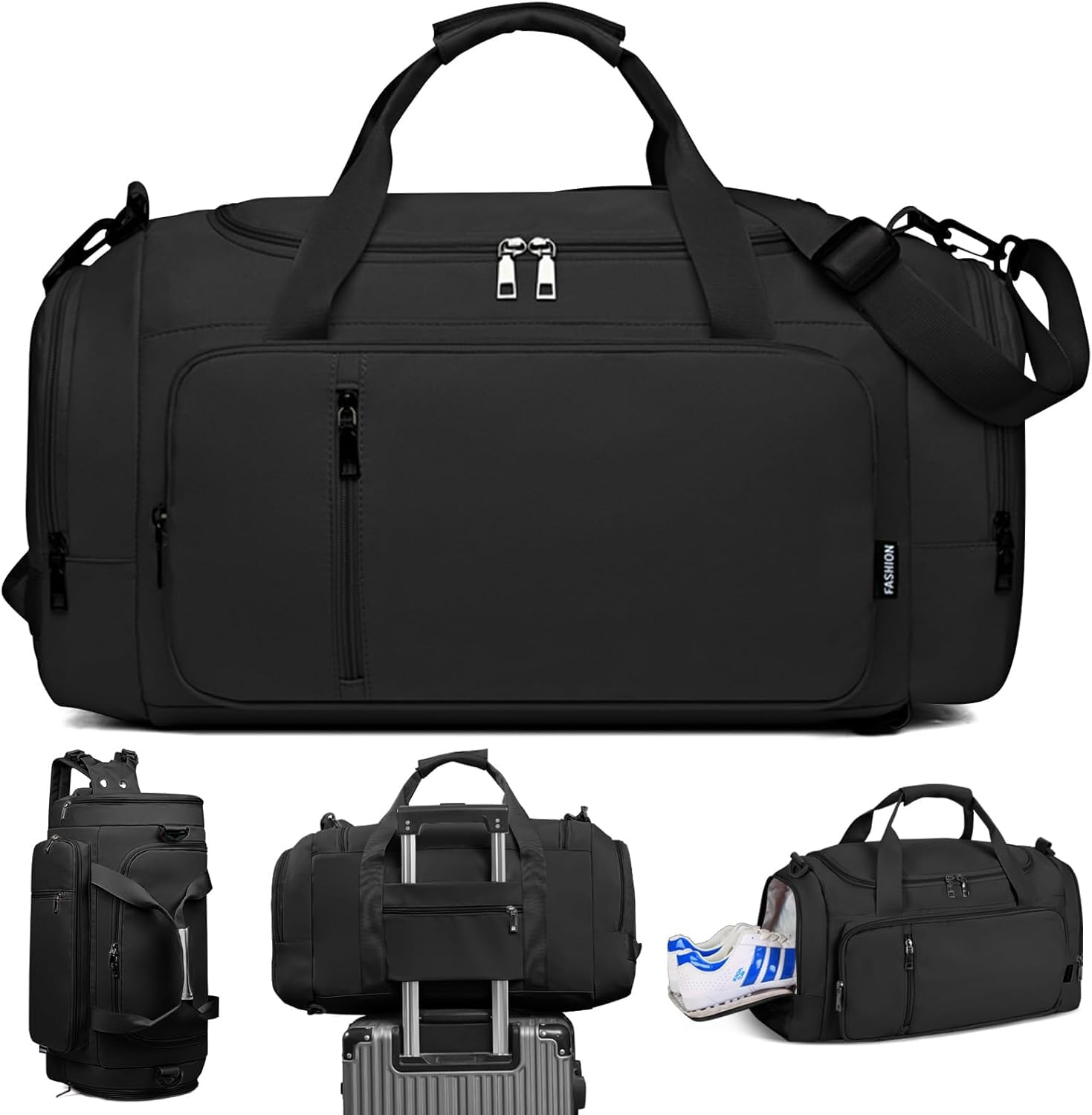 Lubardy 45L Polyester Gym Bag for Men Women, Duffle Bag with Shoe Compartment for Workout, Waterproof Sports Bag with Adjustable Shoulder Strap, Side Pocket, Gym Duffle Bags for Travel, Black