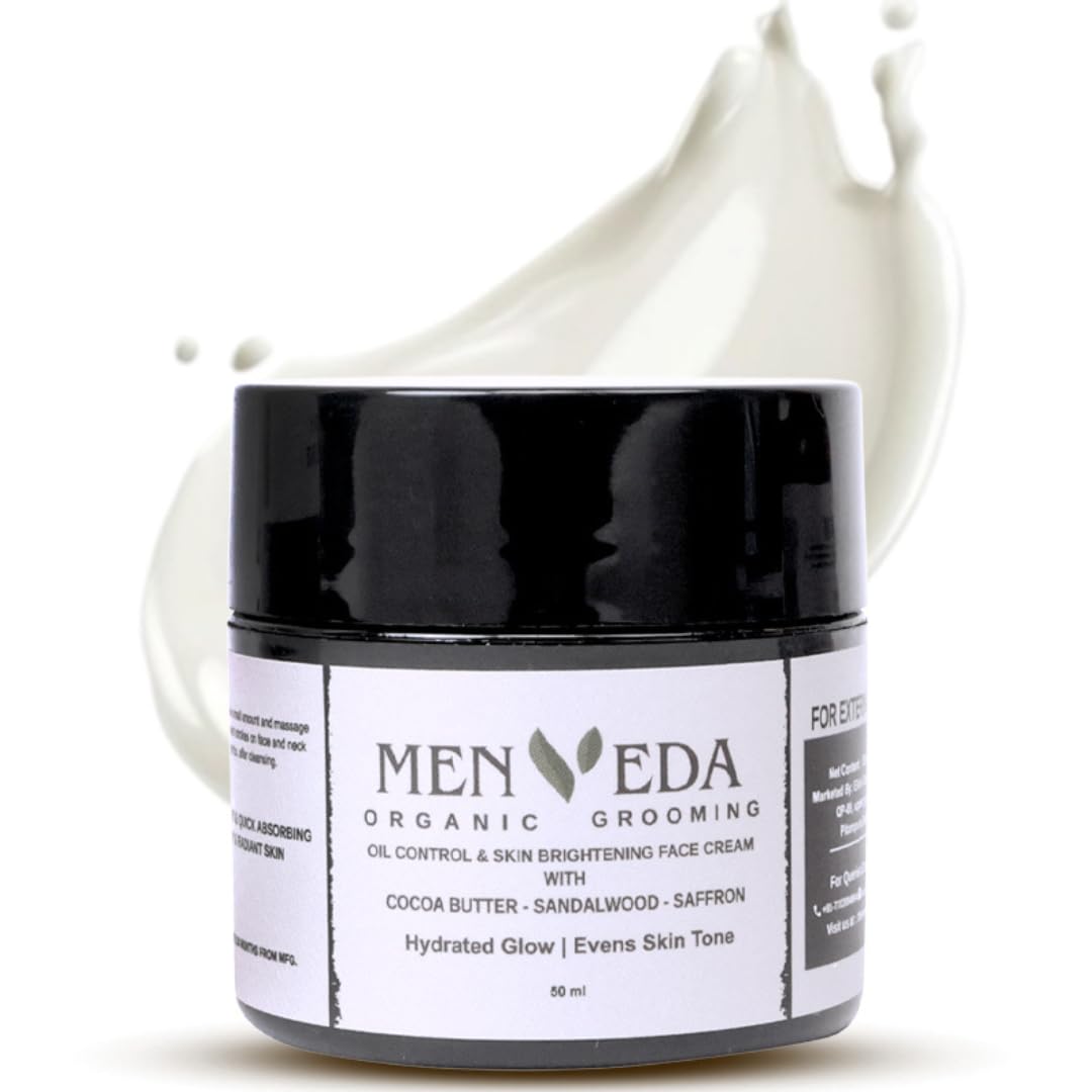 Menveda Organic Grooming Oil Control & Skin Brightening Face Cream for Men 50 ml | Niacinamide, Saffron & Cocoa Butter | Lightweight & Non-Greasy | Face Moisturizer for Glowing Skin | All Skin Types