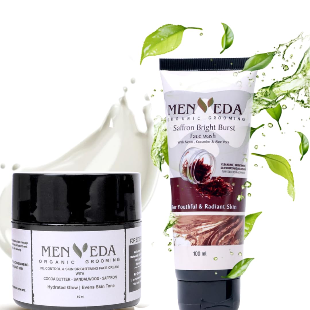 Menveda Saffron Bright Burst Face Wash 100g & Skin Brightening Face Cream for Men 50ml (Pack of 2) | With Niacinamide & Saffron | Exfoliates & Hydrates | All Skin Types | Grooming Kit For Men