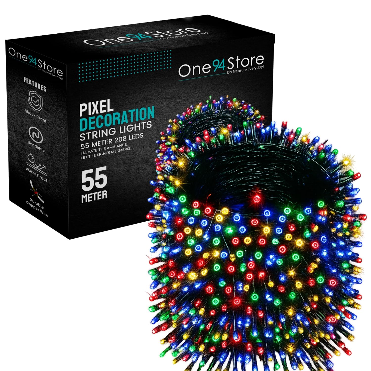 One94Store 55 Meter LED String Lights – 208 Multicolor LEDs on Flexible Copper Wire | Waterproof Fairy Lights for Decoration | Indoor & Outdoor Use | Diwali, Christmas, Wedding, Party (Pack of 1)