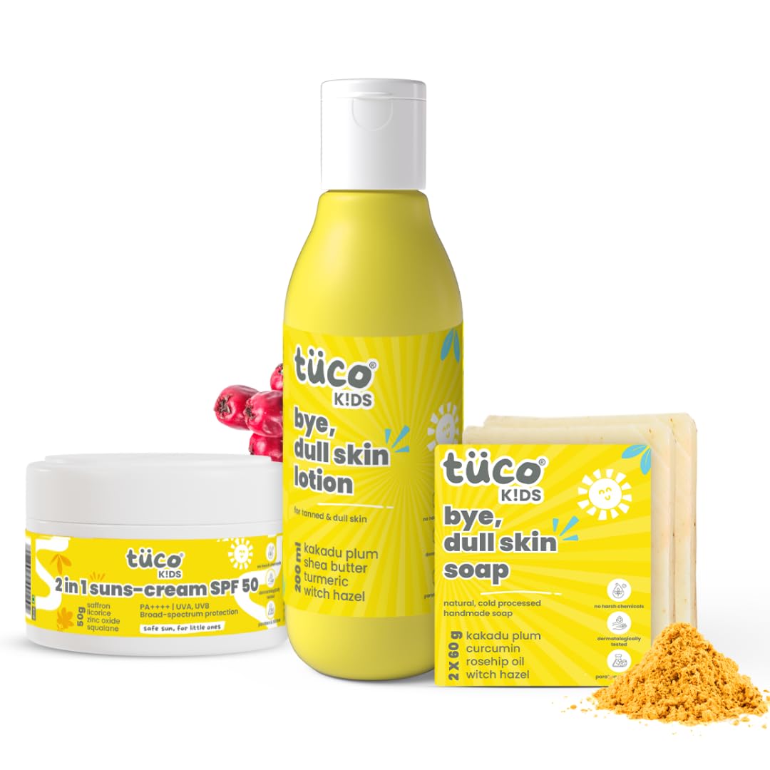 TuCo Kids Dull Skin Kit – Soap (60 gm x 2), Lotion (200 ml) & Sunscreen (50 gm), Safe, Paraben Free & Sulfate Free for Ages 3-15 (Combo Pack of 3)