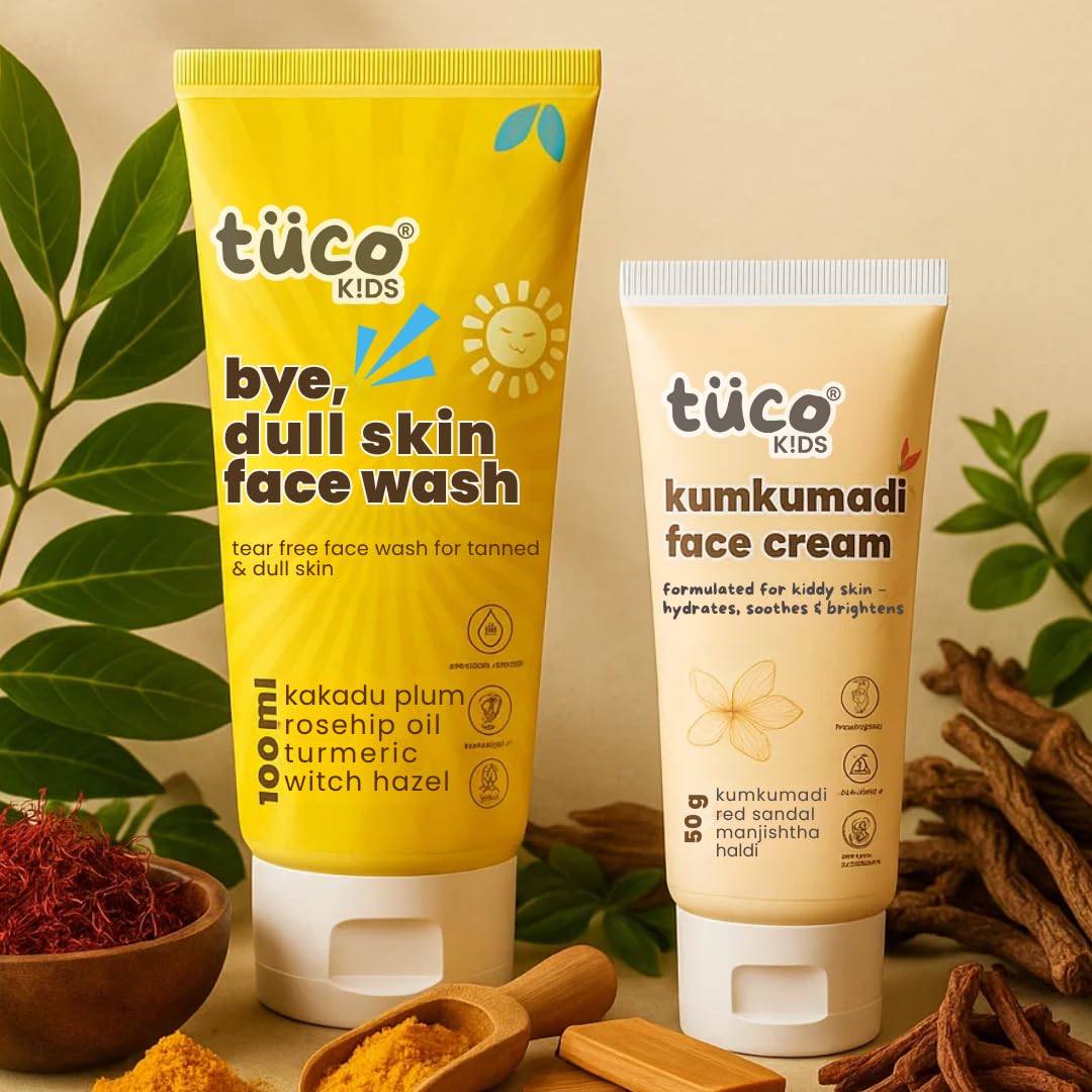 Tuco® Kids Kumkumadi Glow Kit | Dull Skin Face Wash & Kumkumadi Face Cream | Brightens, Fights Tan & Dull Spots | Paraben & SLS Free | Safe for Baby-50gm Pack of 2