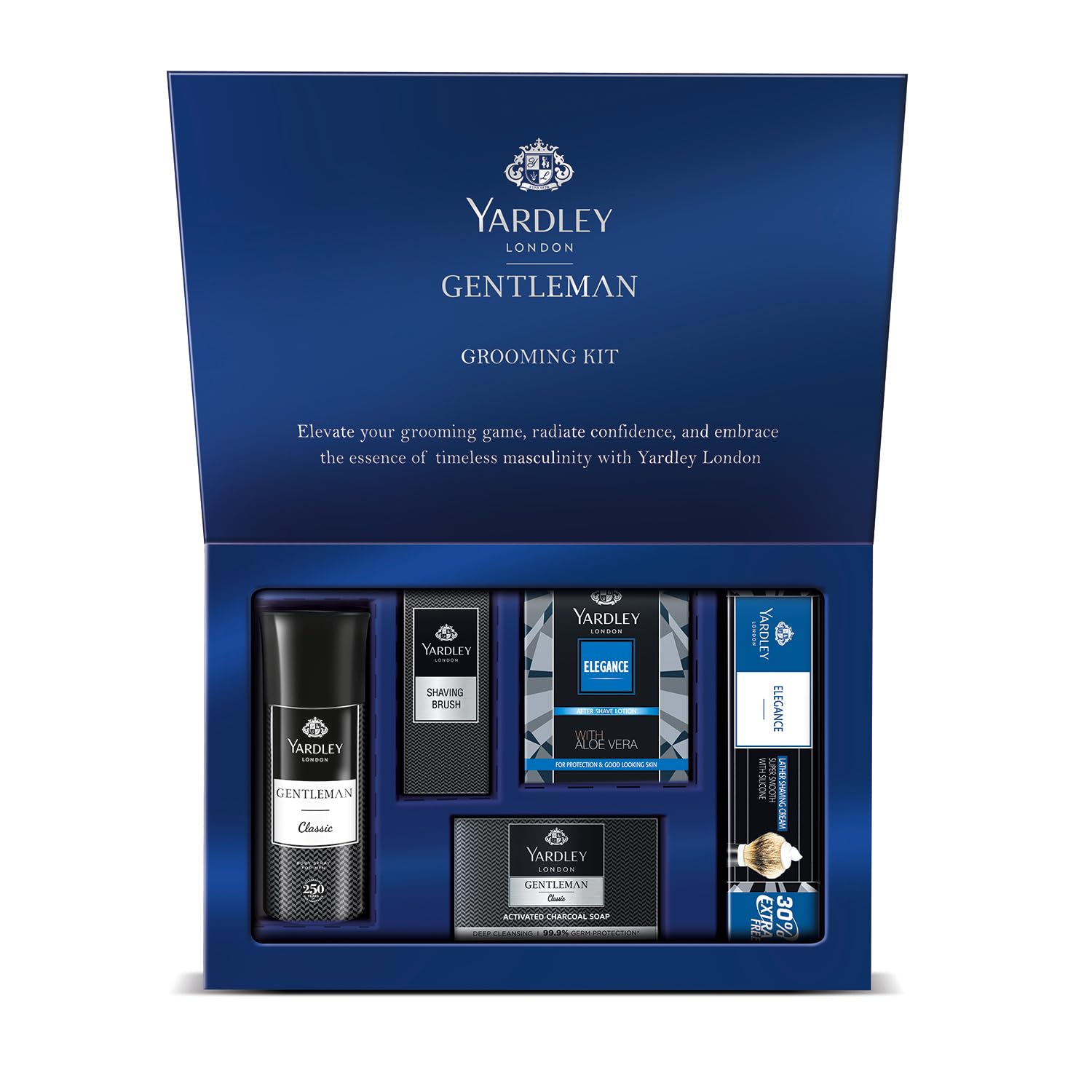 Yardley London Gentleman Luxury Grooming Kit For Men With Classic Activated Charcoal Soap, Elegance Lather Shaving Cream, After Shave Lotion, Shaving Brush, And Classic Body Deodorant Spray