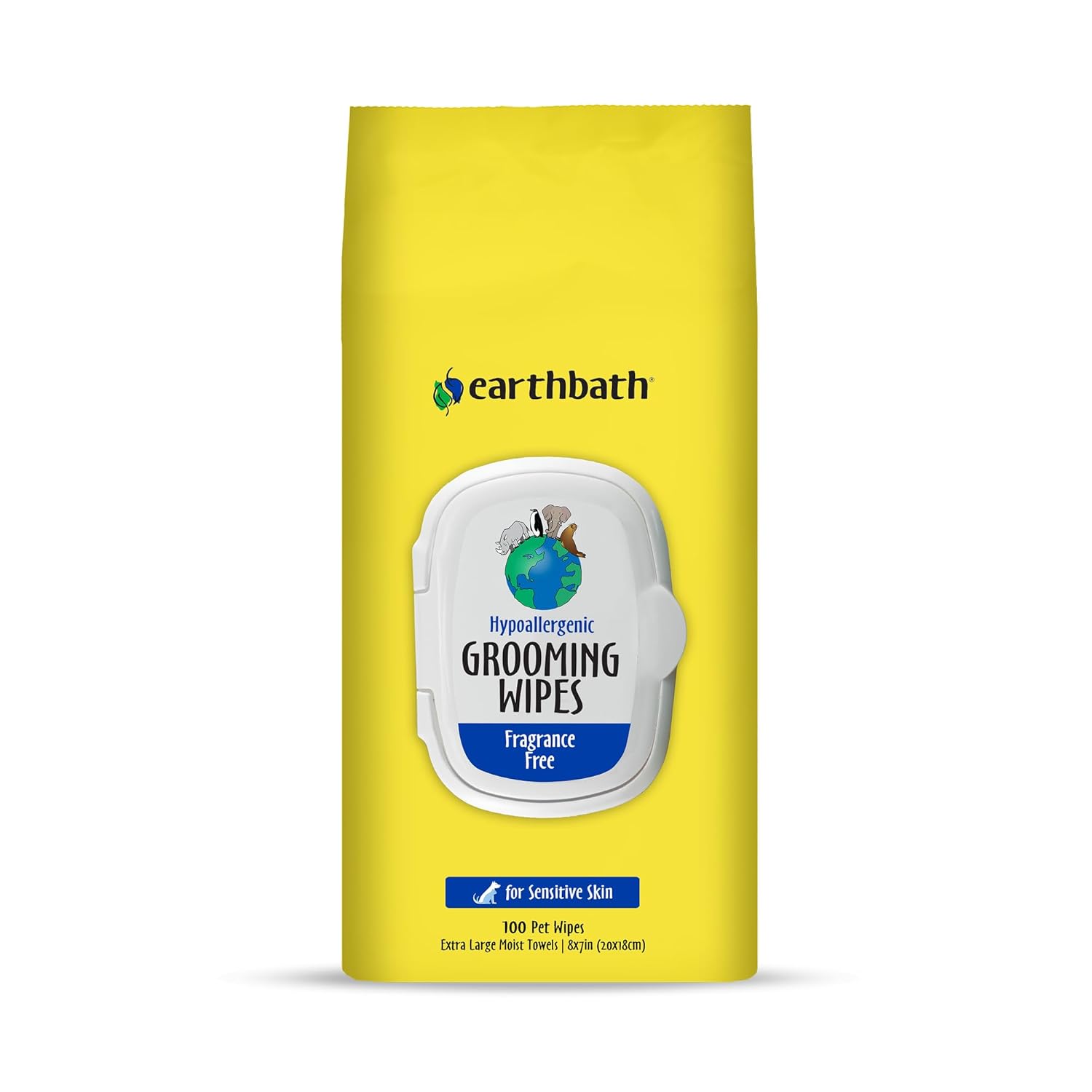 earthbath Hypo-Allergenic Fragrance-Free Grooming Wipes for Dogs & Cats, Removes Dander, Drool & Discharge, Designed for Sensitive Skin, 100 Wipes (1 Pack)