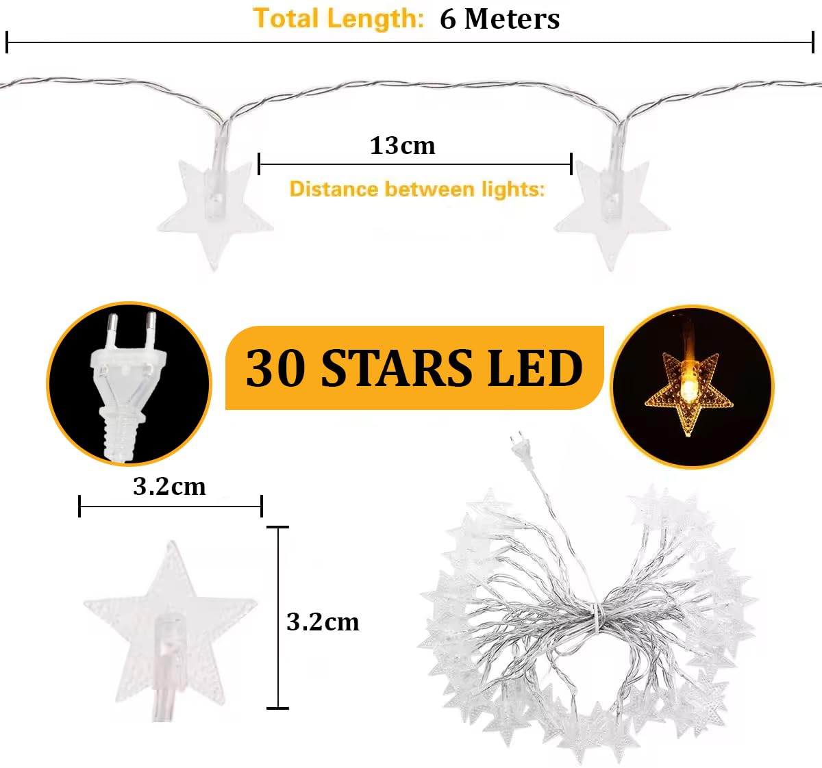 fizzytech Fairy Lights for Room Decoration – 8 Meter 30-LED Warm-White Star String Lights, Plug-in Decorative Lighting for Bedroom, Indoor & Outdoor Décor Use Diwali Christmas