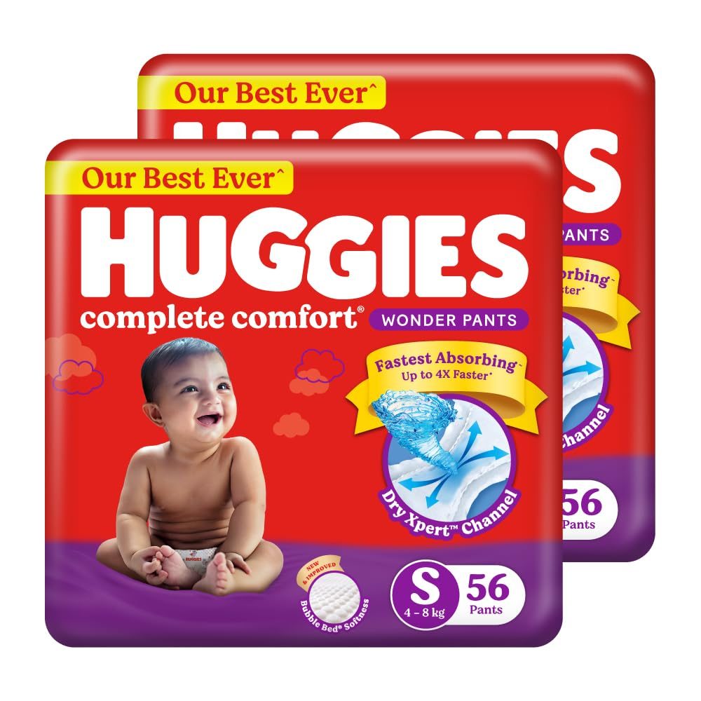 Huggies Complete Comfort Wonder Pants | Pant Style Baby Diapers S Size, 112 Count | India’s Fastest Absorbing Diaper, Patented Dry Xpert Channel, Ideal for 4 to 8 Kgs