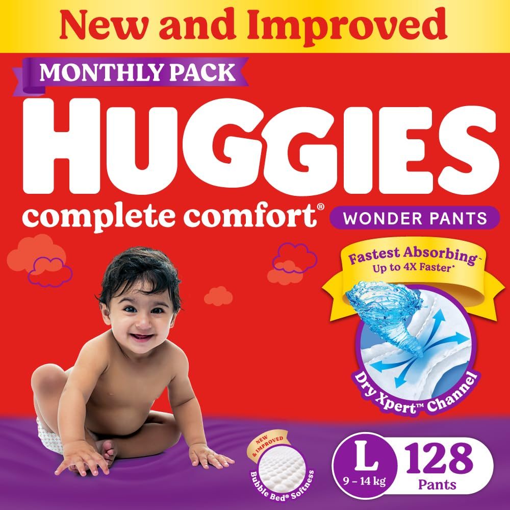 Huggies Complete Comfort Wonder Pants | Pant Style Baby Diapers L Size, 128 Count | India’s Fastest Absorbing Diaper, Patented Dry Xpert Channel, Ideal for 9 to 14 Kgs